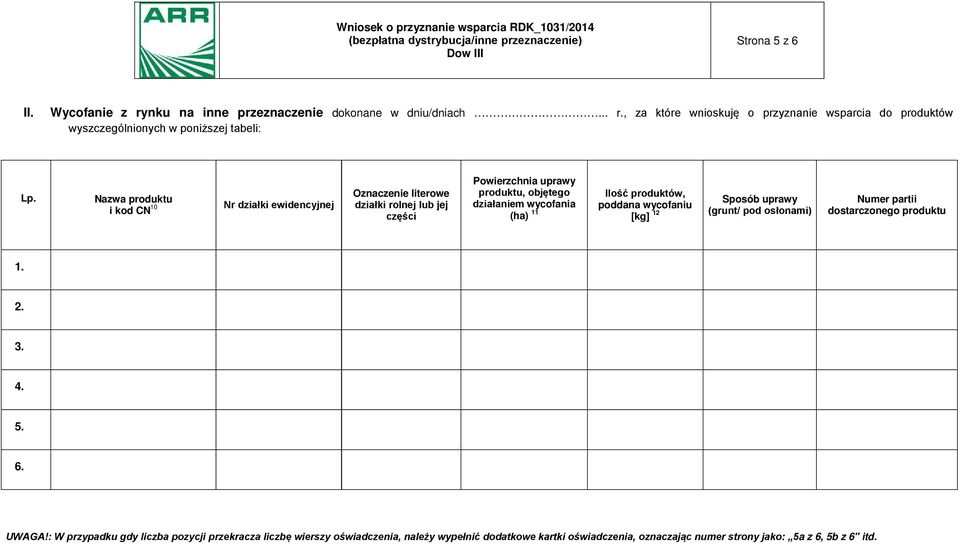 produktów, poddana wycofaniu [kg] 12 Sposób uprawy (grunt/ pod osłonami) Numer partii dostarczonego produktu 1. 2. 3. 4. 5. 6. UWAGA!