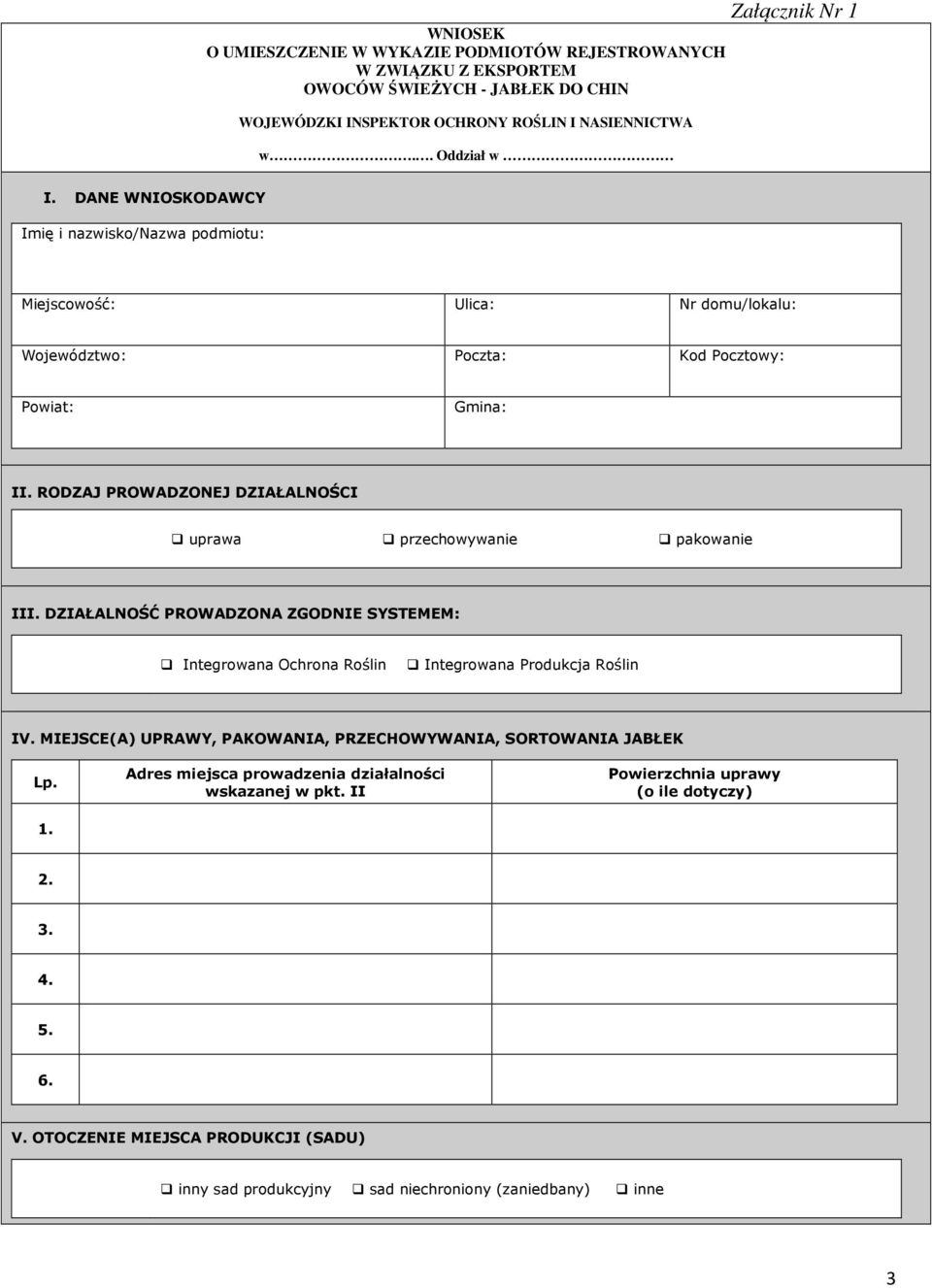 RODZAJ PROWADZONEJ DZIAŁALNOŚCI uprawa przechowywanie pakowanie III. DZIAŁALNOŚĆ PROWADZONA ZGODNIE SYSTEMEM: Integrowana Ochrona Roślin Integrowana Produkcja Roślin IV.
