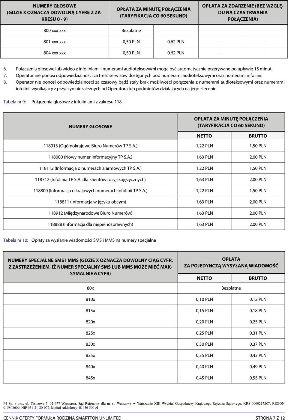 Operator nie ponosi odpowiedzialności za treść serwisów dostępnych pod numerami audioteksowymi oraz numerami infolinii. 8.