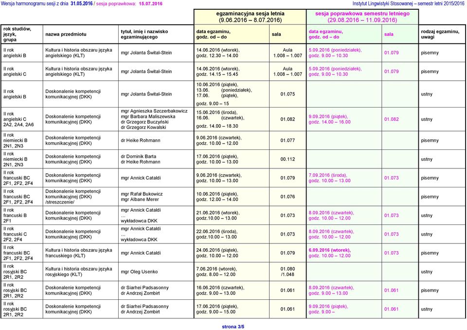 (poniedziałek), 17.06. (piątek), 15 16.06. (czwartek), godz. 14.00 18.30 01.075 ustny godz. 14.00 16.00 ustny 01.
