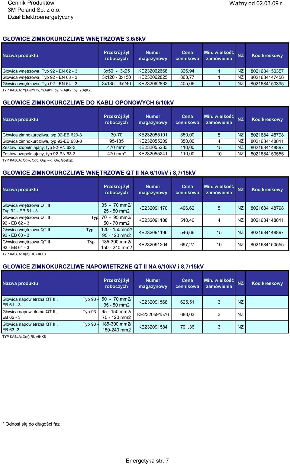 GŁOWICE ZIMNOKURCZLIWE DO KABLI OPONOWYCH 6/10kV produktu Głowica zimnokurczliwa, typ 92-EB 623-3 30-70 KE232055191 350,00 5 8021684148798 Głowica zimnokurczliwa, typ 92-EB 633-3 95-185 KE232055209