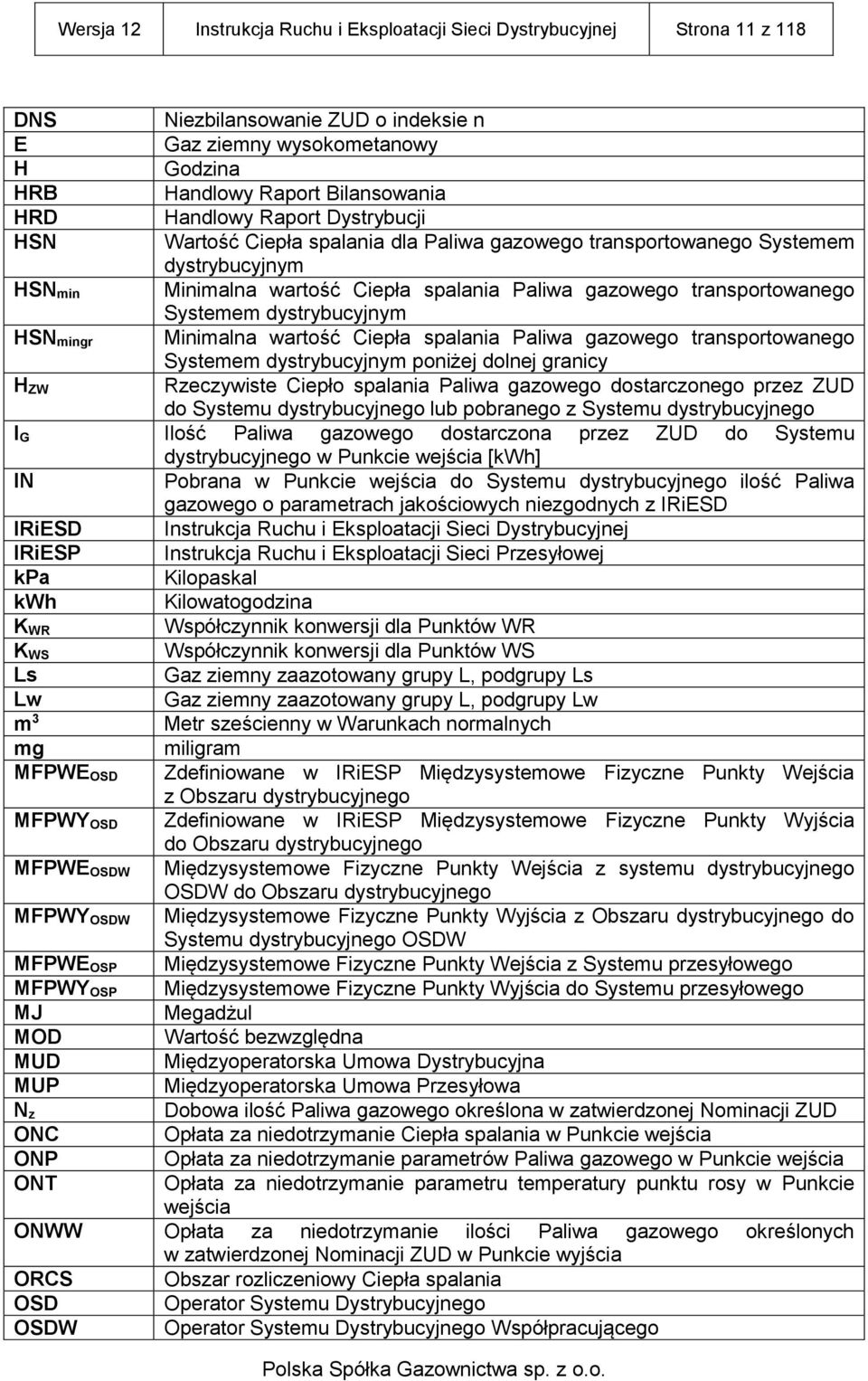 Systemem dystrybucyjnym HSN mingr Minimalna wartość Ciepła spalania Paliwa gazowego transportowanego Systemem dystrybucyjnym poniżej dolnej granicy H ZW Rzeczywiste Ciepło spalania Paliwa gazowego