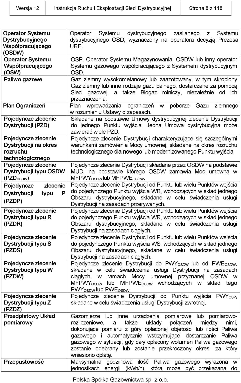 OSP, Operator Systemu Magazynowania, OSDW lub inny operator Systemu gazowego współpracującego z Systemem dystrybucyjnym OSD.