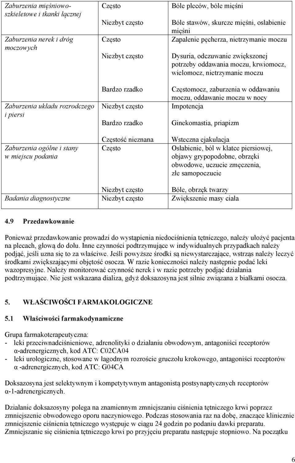 zaburzenia w oddawaniu moczu, oddawanie moczu w nocy Impotencja Ginekomastia, priapizm Wsteczna ejakulacja Osłabienie, ból w klatce piersiowej, objawy grypopodobne, obrzęki obwodowe, uczucie