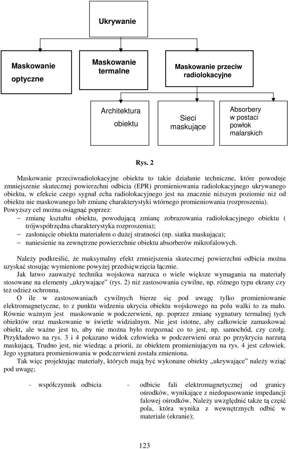 sygnał echa radiolokacyjnego jest na znacznie niższym poziomie niż od obiektu nie maskowanego lub zmianę charakterystyki wtórnego promieniowania (rozproszenia).