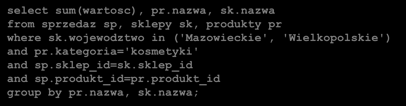 Indeksy bitmapowe w systemach komercyjnych (3) Oracle - optymalizacja zapytań gwiaździstych z wykorzystaniem bitmapowego indeksu połączeniowego select sum(wartosc), pr.nazwa, sk.