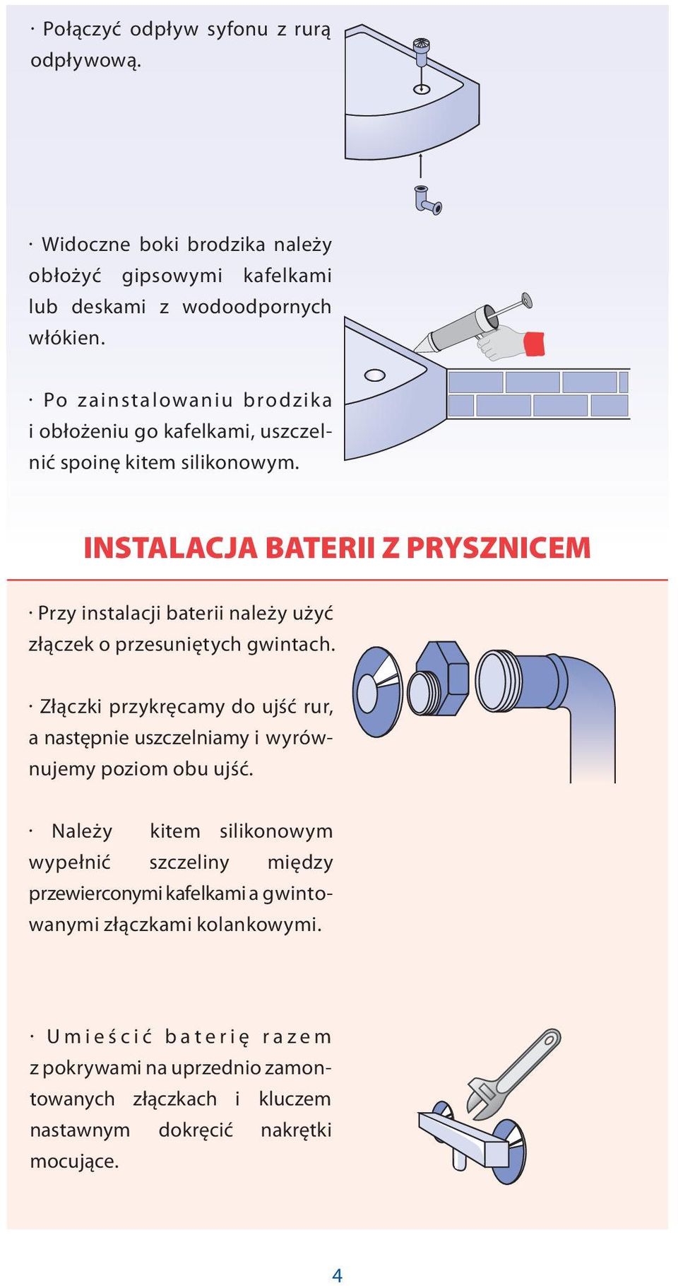 INSTALACJA BATERII Z PRYSZNICEM Przy instalacji baterii należy użyć złączek o przesuniętych gwintach.