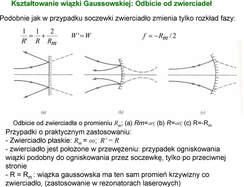 płaskie: R m ; R R - wieciadło jest położone w pewężeniu: pypadek ogniskowania wiąki podobny do ogniskowania pe socewkę