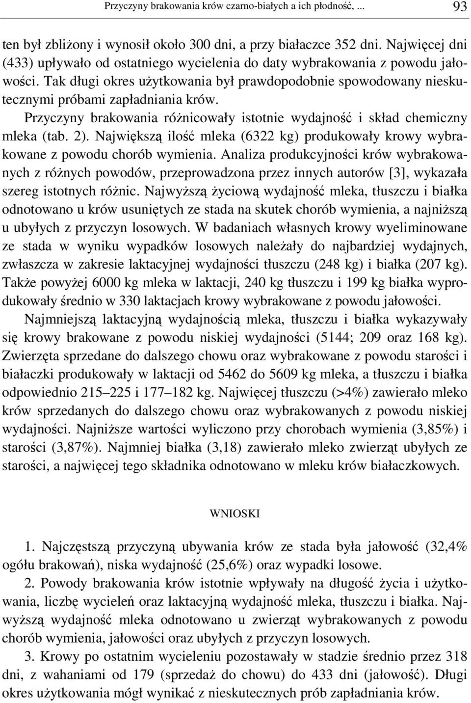 Przyczyny brakowania rónicowały istotnie wydajno i skład chemiczny mleka (tab. 2). Najwiksz ilo mleka (6322 kg) produkowały krowy wybrakowane z powodu chorób wymienia.