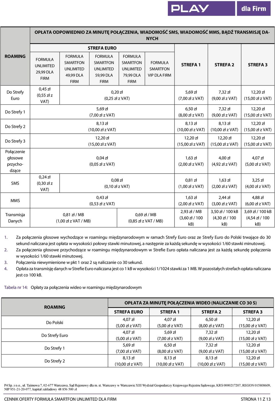 Strefy 2 Do Strefy 3 Połączenie głosowe przychodzące 0,04 zł (0,05 zł z VAT) 4,00 zł (4,92 zł z VAT) 4,07 zł (5,00 zł z VAT) SMS 0,24 zł (0,30 zł z VAT) 0,08 zł (0,10 zł z VAT) 0,81 zł (1,00 zł z