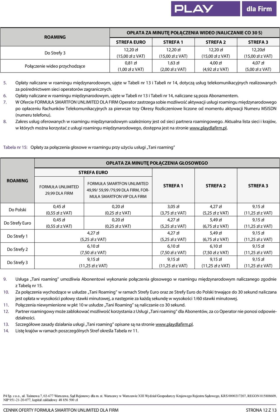 Opłaty naliczane w roamingu międzynarodowym, ujęte w Tabeli nr 13 i Tabeli nr 14, dotyczą usług telekomunikacyjnych realizowanych za pośrednictwem sieci operatorów zagranicznych. 6.