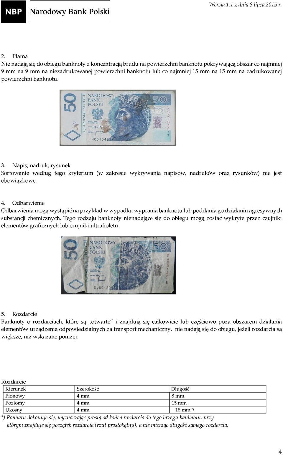 Odbarwienie Odbarwienia mogą wystąpić na przykład w wypadku wyprania banknotu lub poddania go działaniu agresywnych substancji chemicznych.