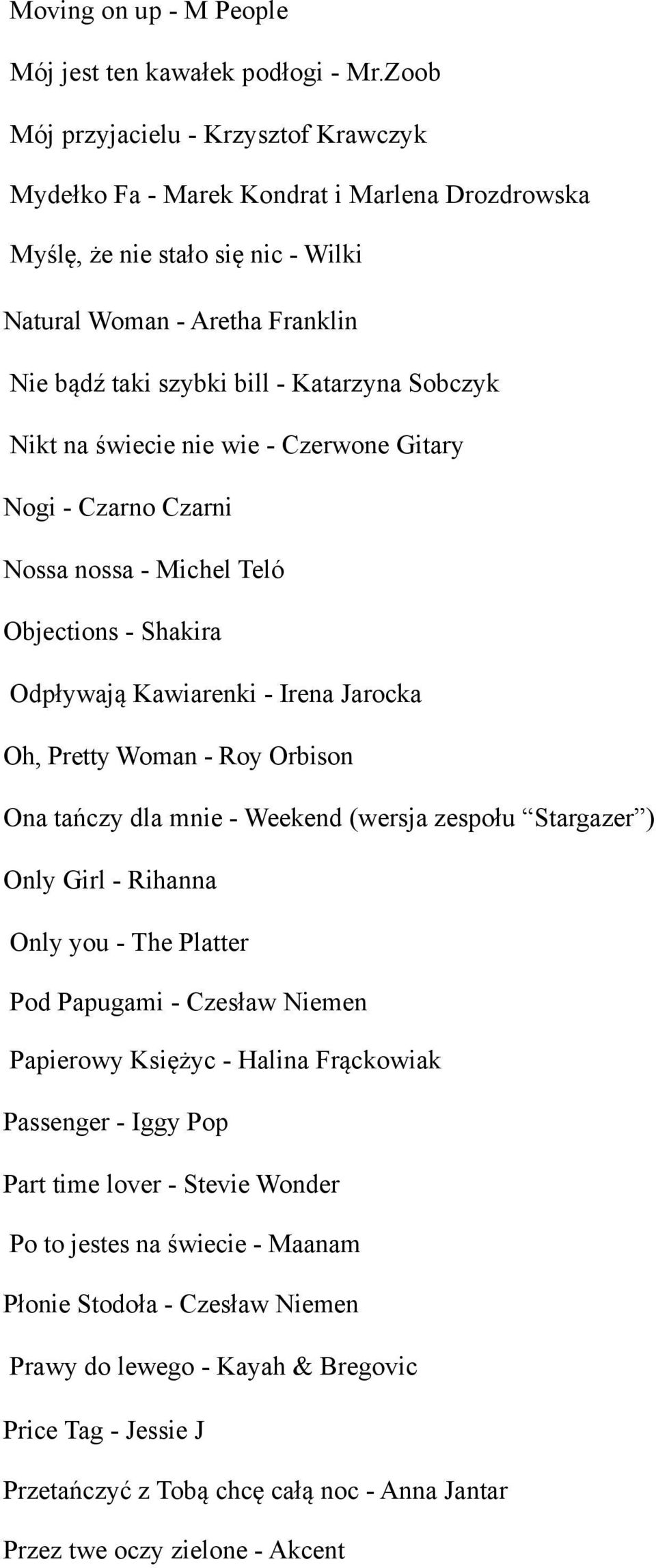 Sobczyk Nikt na świecie nie wie - Czerwone Gitary Nogi - Czarno Czarni Nossa nossa - Michel Teló Objections - Shakira Odpływają Kawiarenki - Irena Jarocka Oh, Pretty Woman - Roy Orbison Ona tańczy