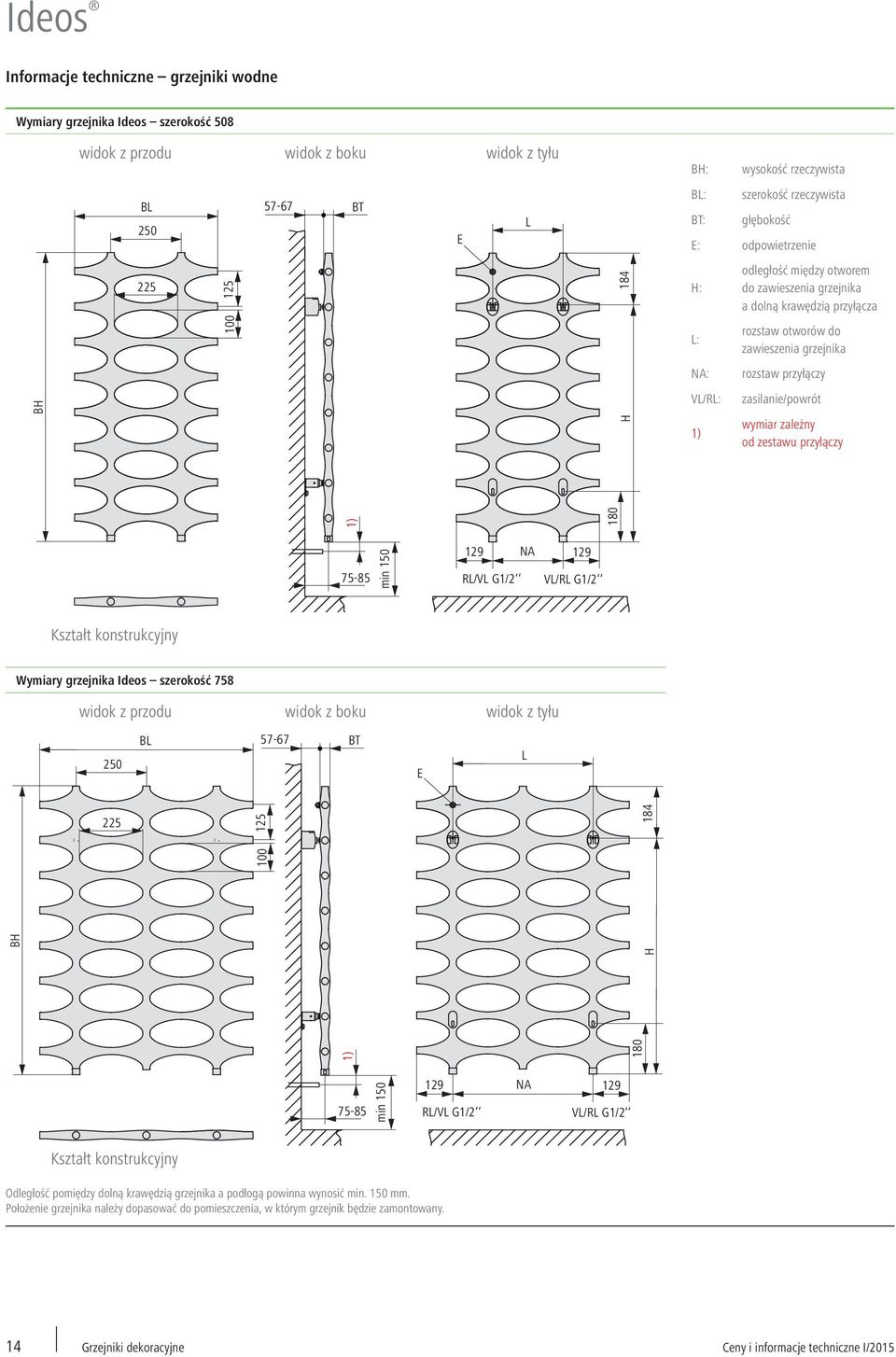 VL/RL: 1) zasilanie/powrót wymiar zależny od zestawu przyłączy 1) 180 75-85 min 150 129 NA 129 RL/VL G1/2 VL/RL G1/2 Kształt konstrukcyjny Wymiary grzejnika Ideos szerokość 758 widok z przodu widok z