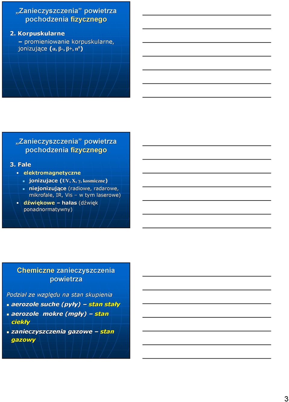 Fale elektromagnetyczne jonizujace (UV, X, γ,, kosmiczne) niejonizujące (radiowe, radarowe, mikrofale, IR, Vis w tym