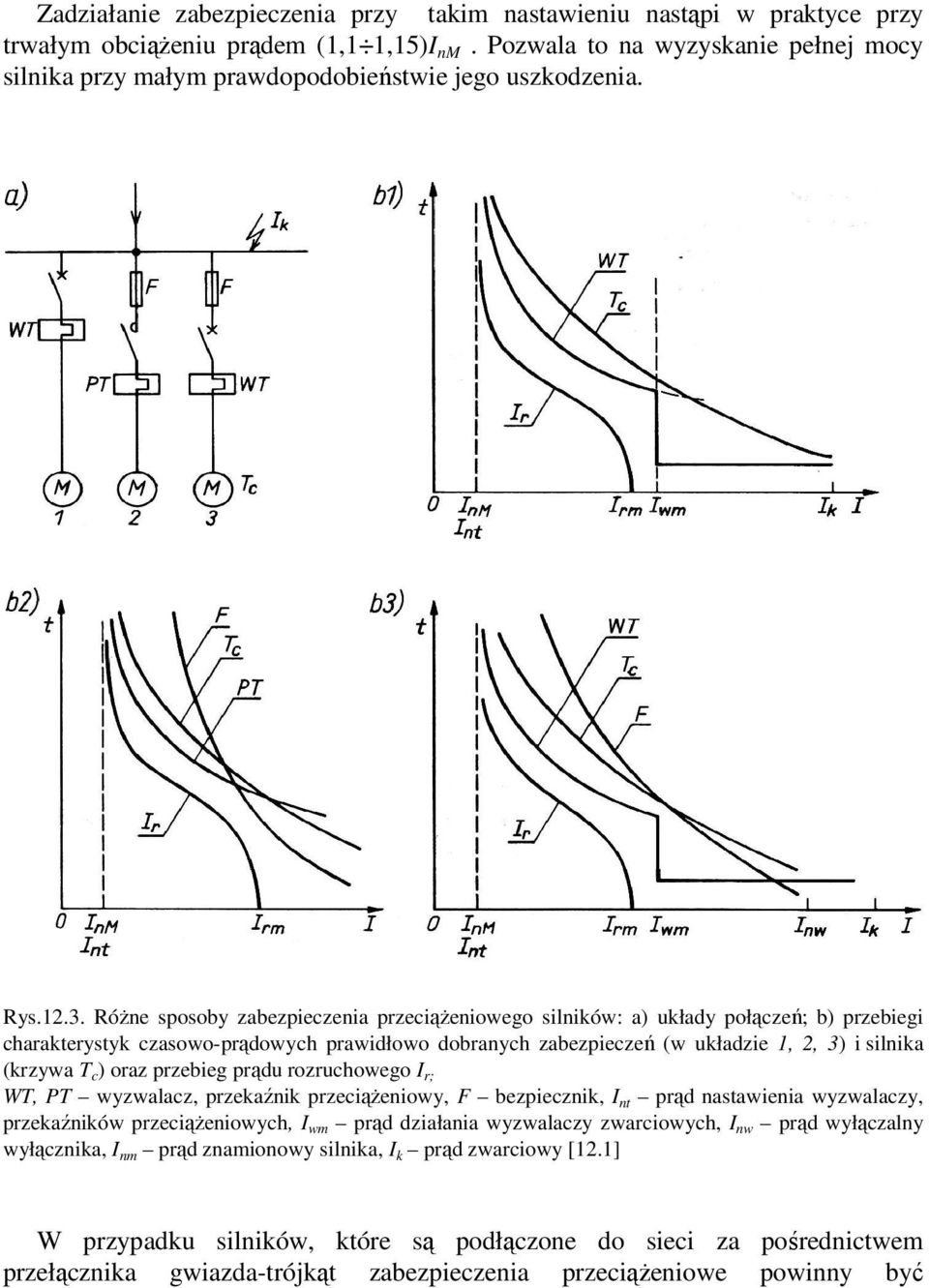 Różne sposoby zabezpieczenia przeciążeniowego silników: a) układy połączeń; b) przebiegi charakterystyk czasowo-prądowych prawidłowo dobranych zabezpieczeń (w układzie 1, 2, 3) i silnika (krzywa T c