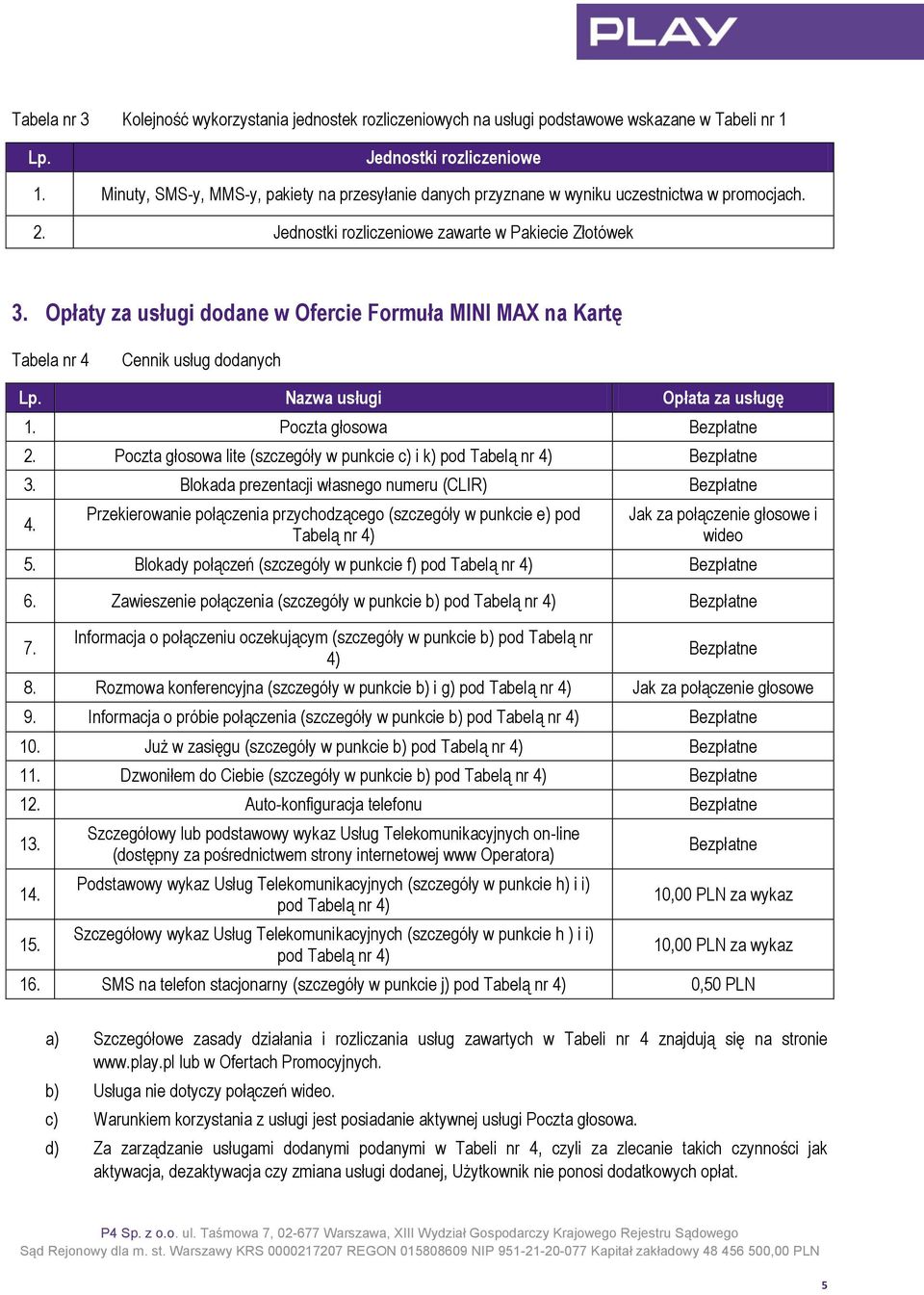 Opłaty za usługi dodane w Ofercie Formuła MINI MAX na Kartę Tabela nr 4 Cennik usług dodanych Lp. Nazwa usługi Opłata za usługę 1. Poczta głosowa Bezpłatne 2.