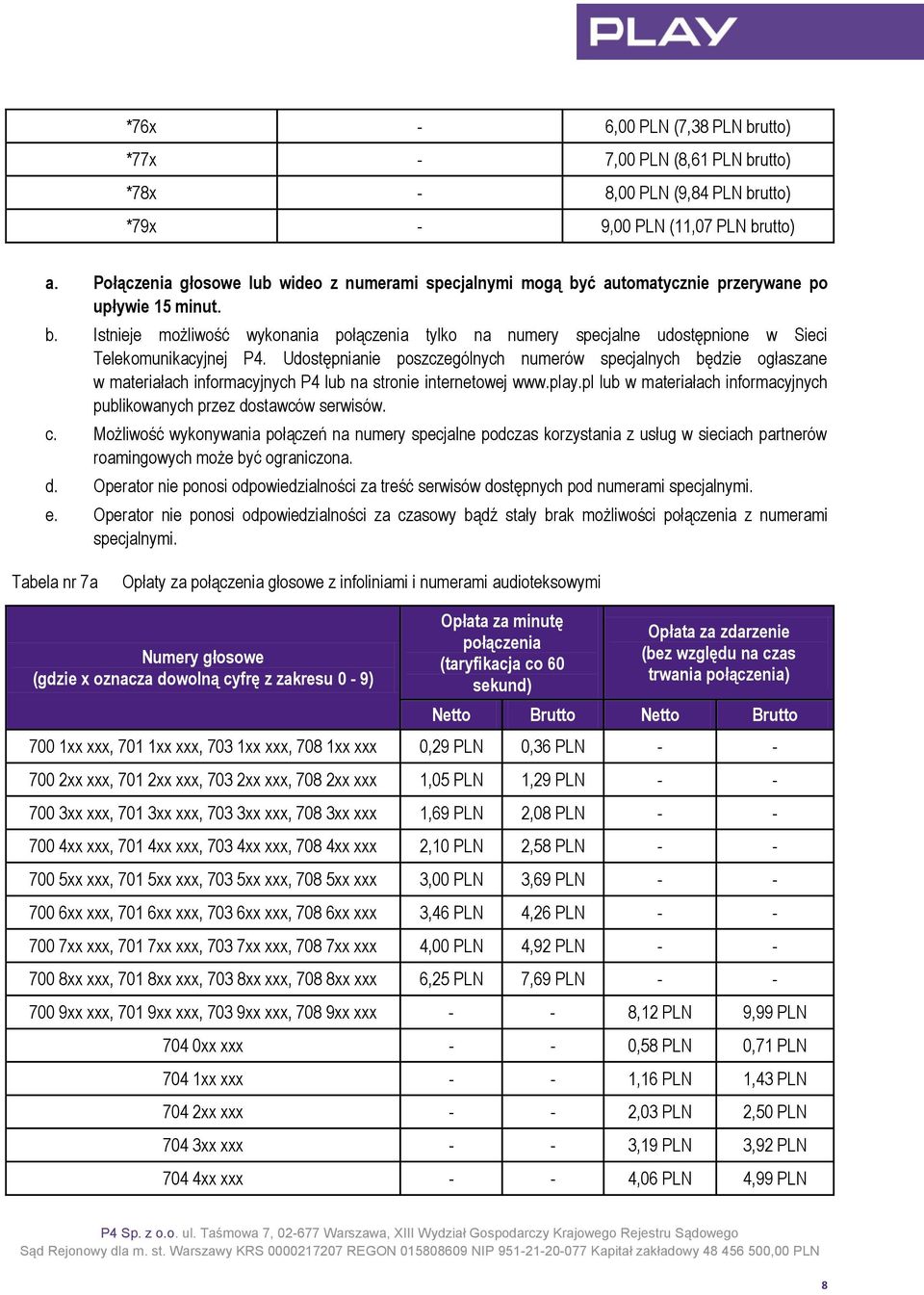 Udostępnianie poszczególnych numerów specjalnych będzie ogłaszane w materiałach informacyjnych P4 lub na stronie internetowej www.play.