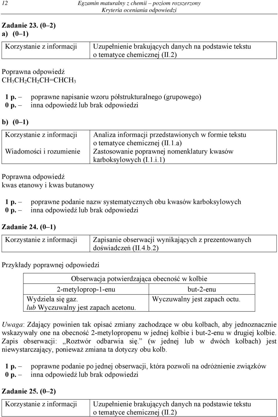 poprawne podanie nazw systematycznych obu kwasów karboksylowych Zadanie 24. (0 1) Zapisanie obserwacji wynikających z prezentowanych doświadczeń (II.4.b.2) Przykłady poprawnej odpowiedzi Obserwacja potwierdzająca obecność w kolbie 2-metyloprop-1-enu Wydziela się gaz.