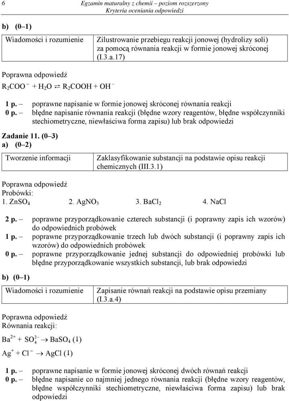 błędne napisanie równania reakcji (błędne wzory reagentów, błędne współczynniki stechiometryczne, niewłaściwa forma zapisu) lub brak odpowiedzi Zadanie 11.