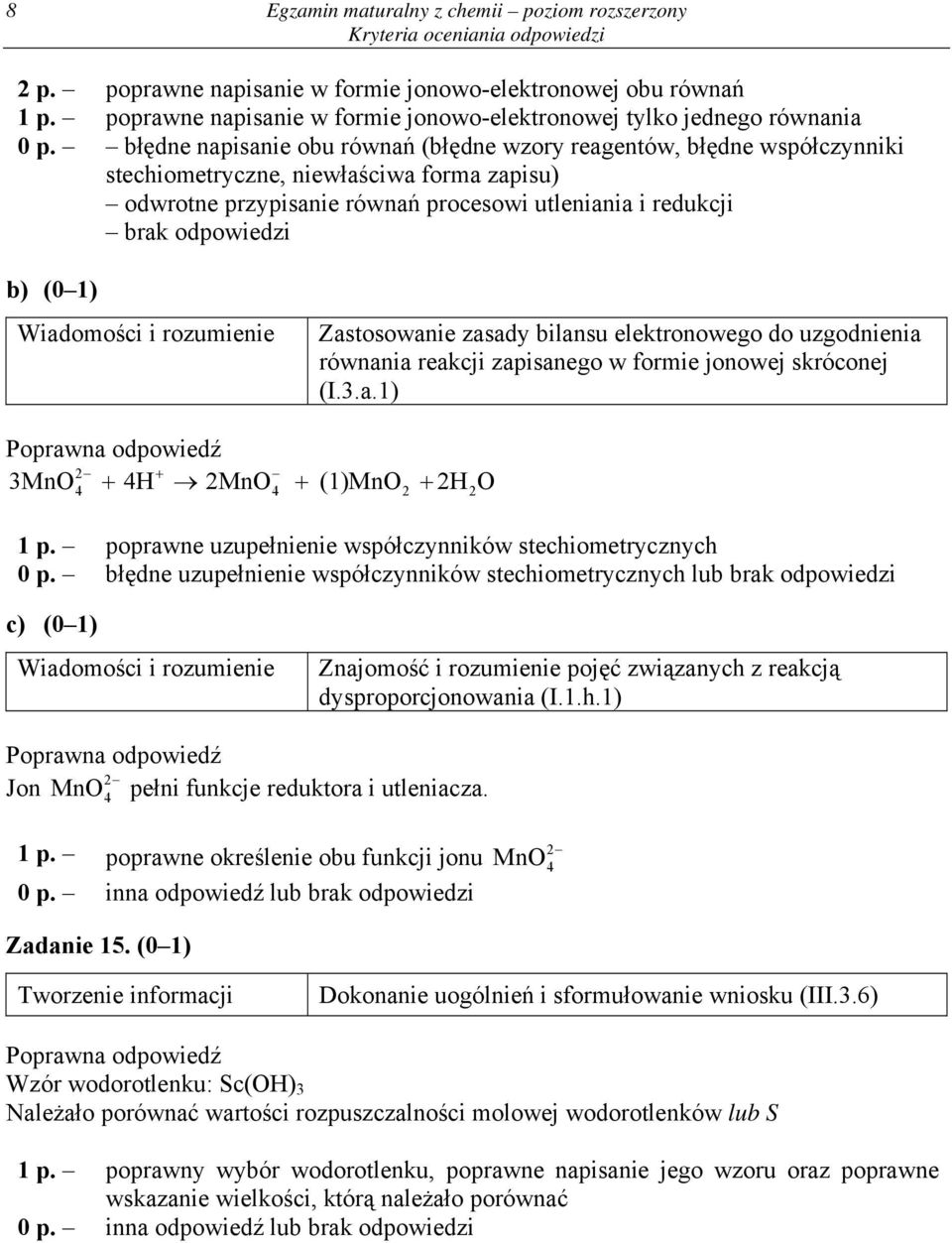 Zastosowanie zasady bilansu elektronowego do uzgodnienia równania reakcji zapisanego w formie jonowej skróconej (I.3.a.1) 2 3MnO 4 2MnO (1)MnO 2 O 4 4 2 2 1 p.