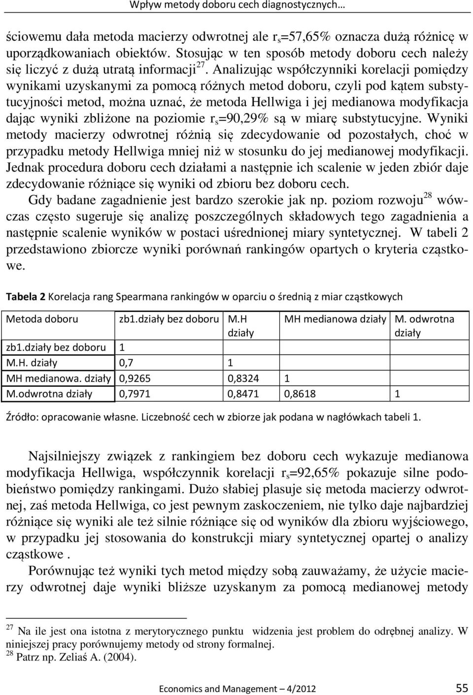 Analizując współczynniki korelacji pomiędzy wynikami uzyskanymi za pomocą różnych metod doboru, czyli pod kątem substytucyjności metod, można uznać, że metoda Hellwiga i jej medianowa modyfikacja