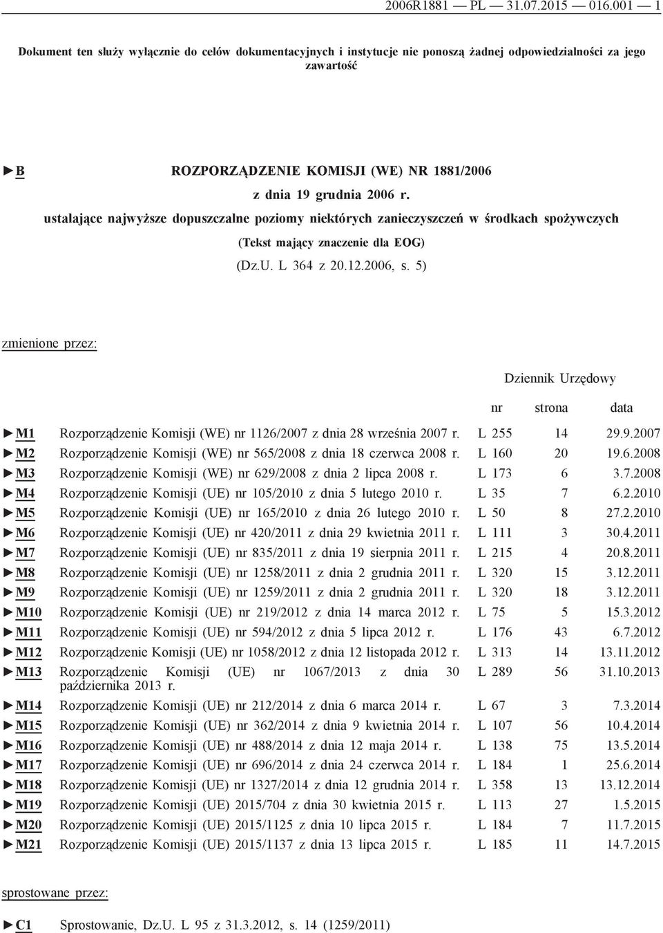 ustalające najwyższe dopuszczalne poziomy niektórych zanieczyszczeń w środkach spożywczych (Tekst mający znaczenie dla EOG) (Dz.U. L 364 z 20.12.2006, s.