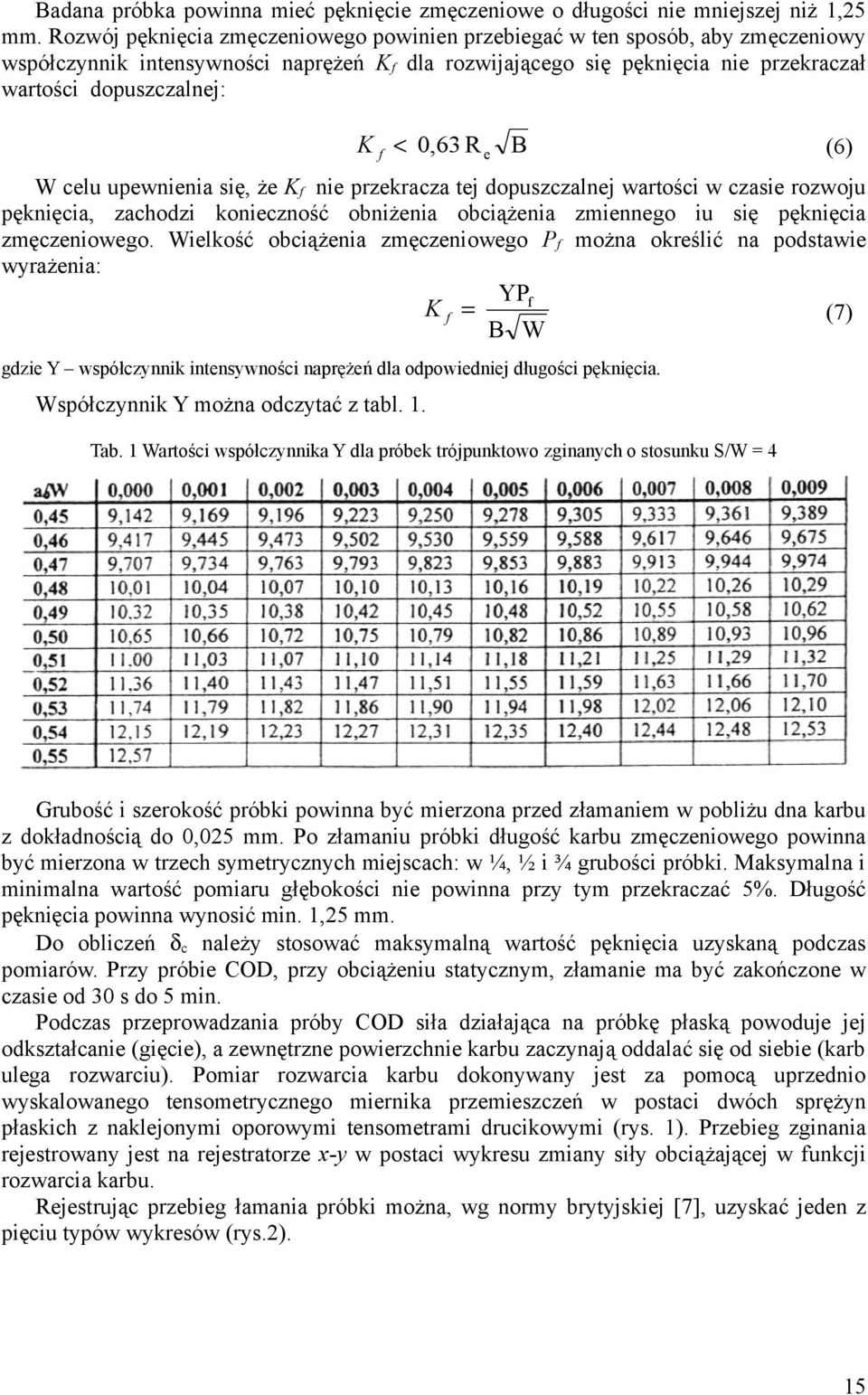 0,63 R e B (6) W celu upewnienia się, że Kf nie przekracza tej dopuszczalnej wartości w czasie rozwoju pęknięcia, zachodzi konieczność obniżenia obciążenia zmiennego iu się pęknięcia zmęczeniowego.