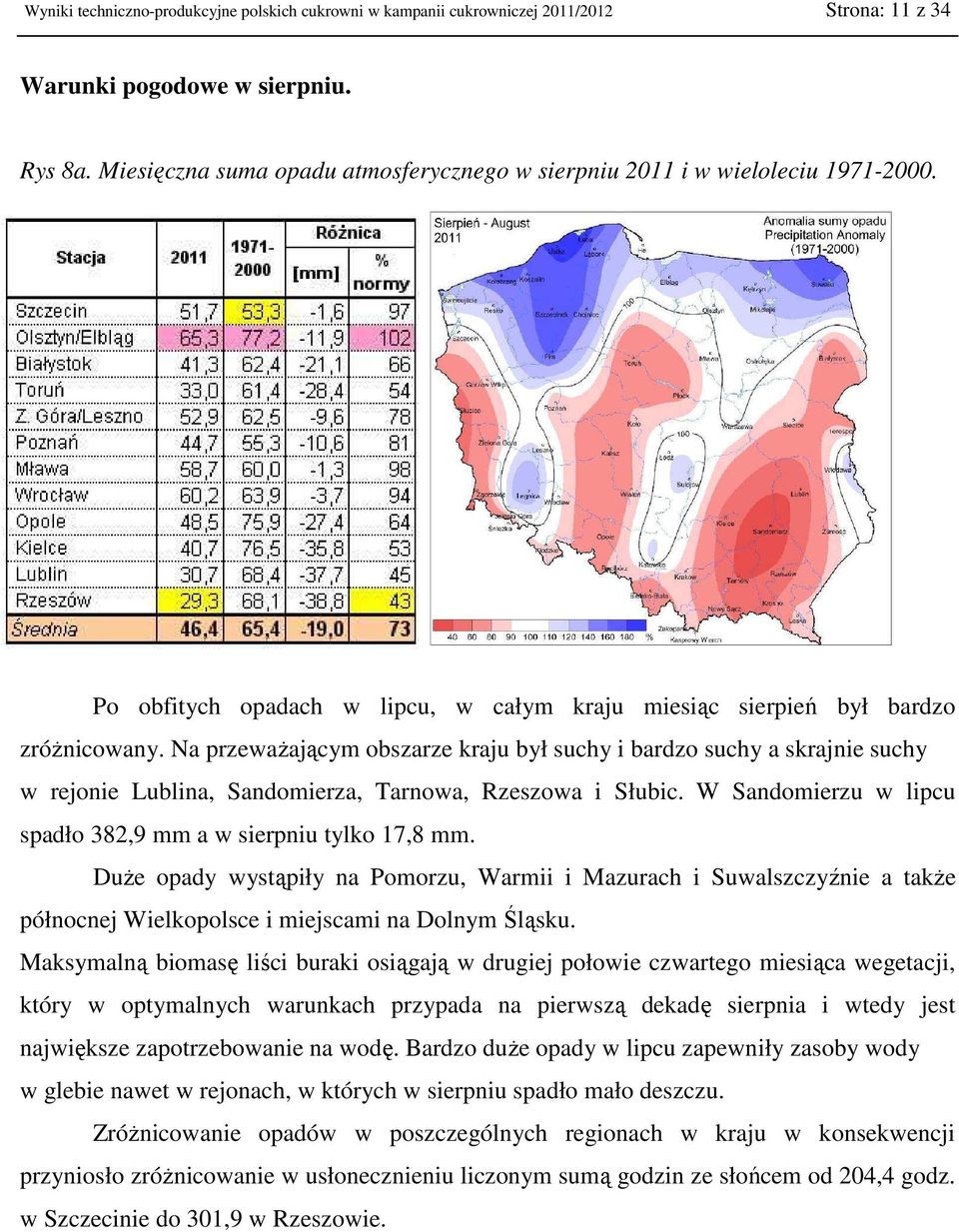 Na przeważającym obszarze kraju był suchy i bardzo suchy a skrajnie suchy w rejonie Lublina, Sandomierza, Tarnowa, Rzeszowa i Słubic. W Sandomierzu w lipcu spadło 382,9 mm a w sierpniu tylko 17,8 mm.