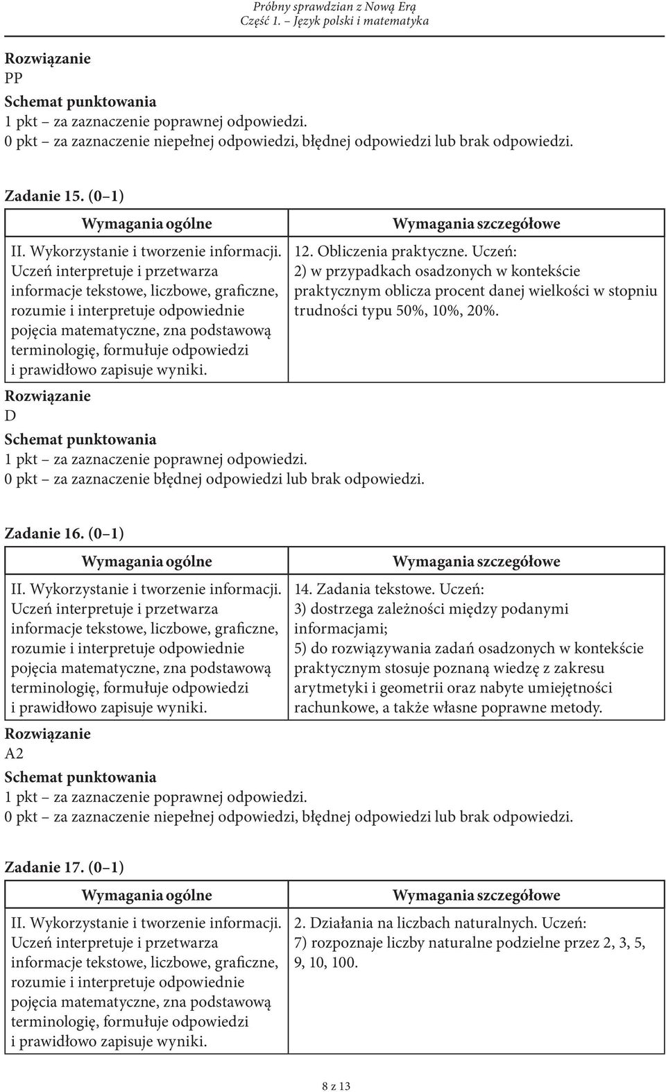 zapisuje wyniki. D 12. Obliczenia praktyczne. Uczeń: 2) w przypadkach osadzonych w kontekście praktycznym oblicza procent danej wielkości w stopniu trudności typu 50%, 10%, 20%. Zadanie 16. (0 1) II.