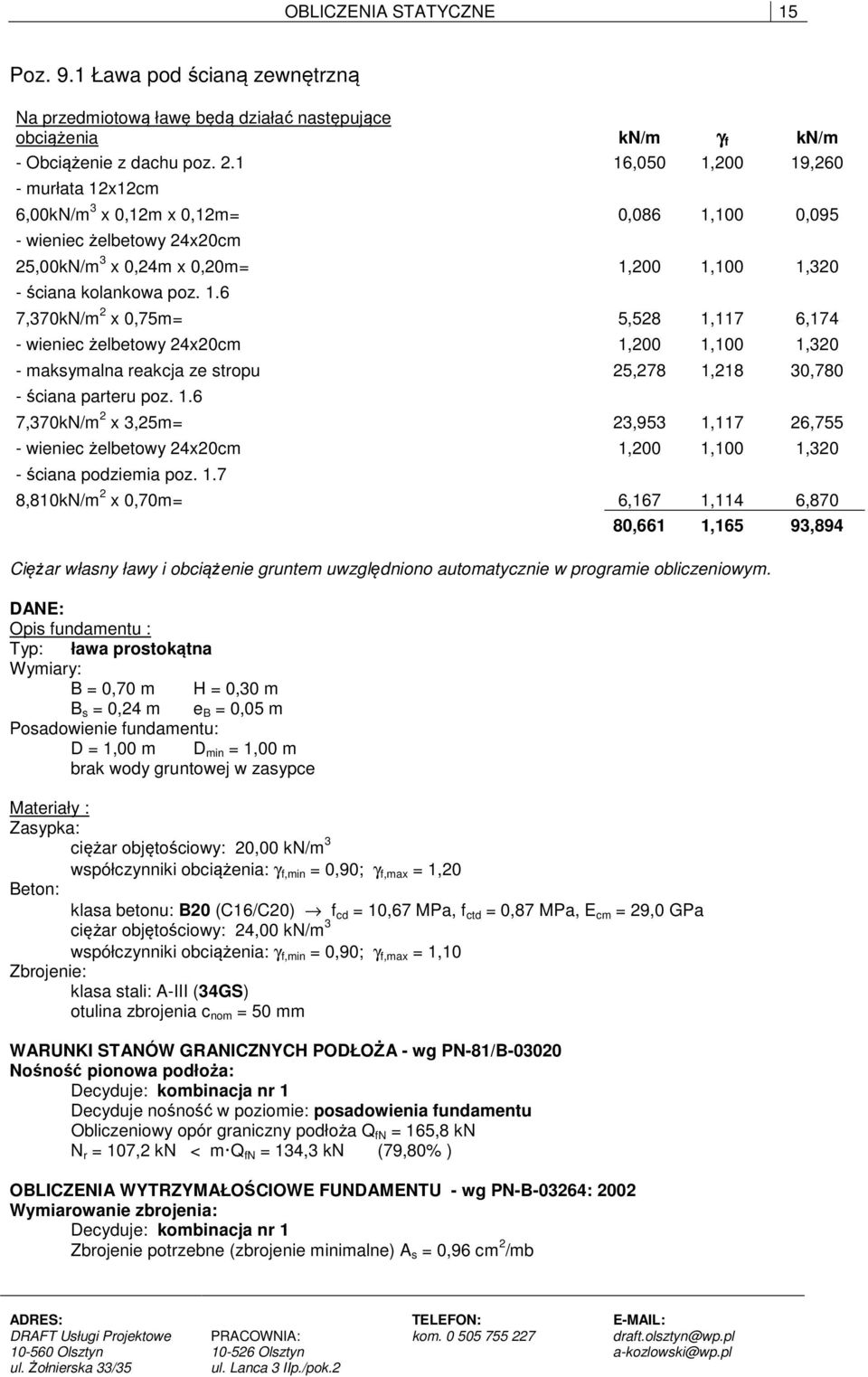 1.6 7,370kN/m 2 x 3,25m= 23,953 1,117 26,755 - wieniec żelbetowy 24x20cm 1,200 1,100 1,320 - ściana podziemia poz. 1.7 8,810kN/m 2 x 0,70m= 6,167 1,114 6,870 80,661 1,165 93,894 Ciężar własny ławy i obciążenie gruntem uwzględniono automatycznie w programie obliczeniowym.