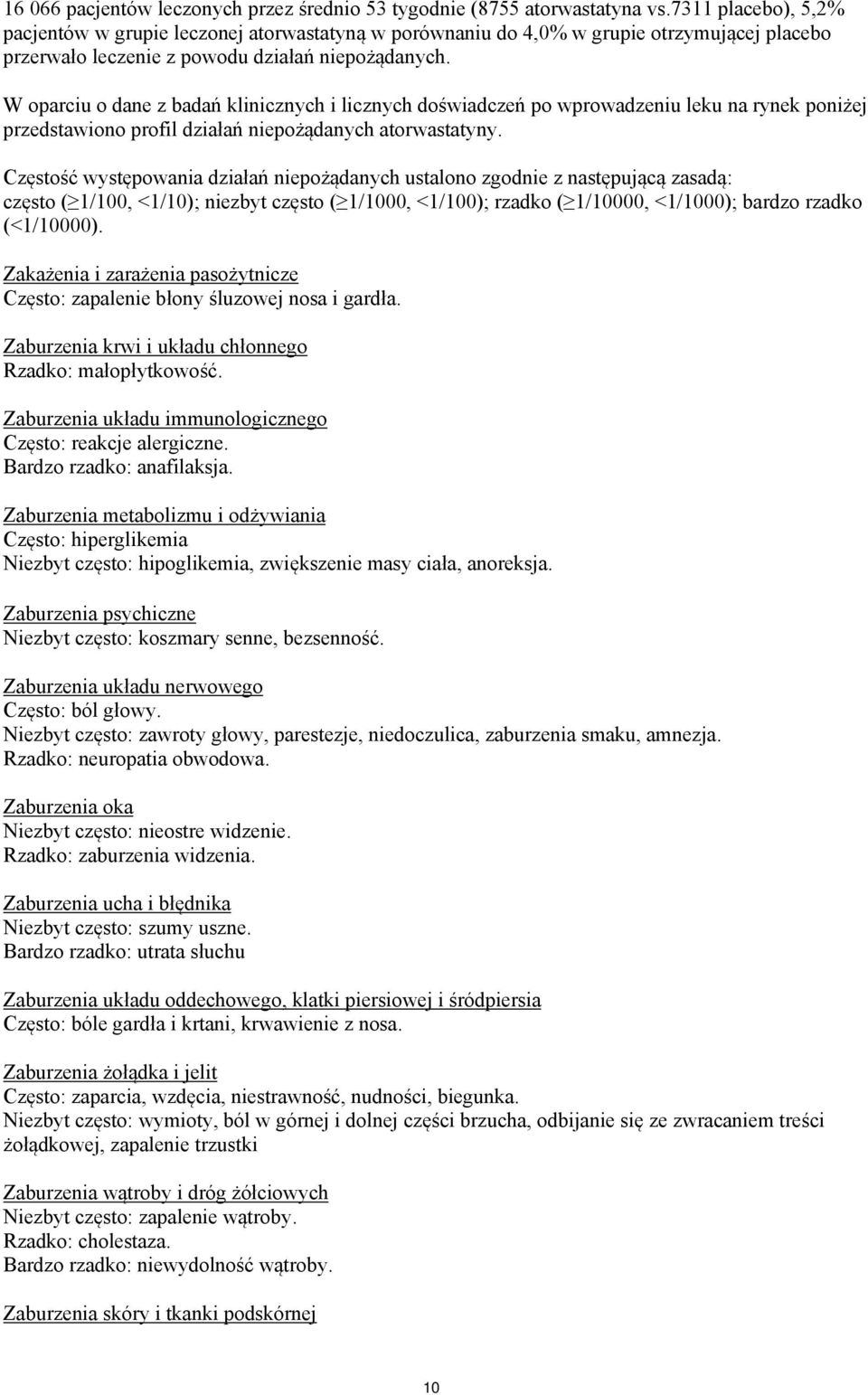 W oparciu o dane z badań klinicznych i licznych doświadczeń po wprowadzeniu leku na rynek poniżej przedstawiono profil działań niepożądanych atorwastatyny.