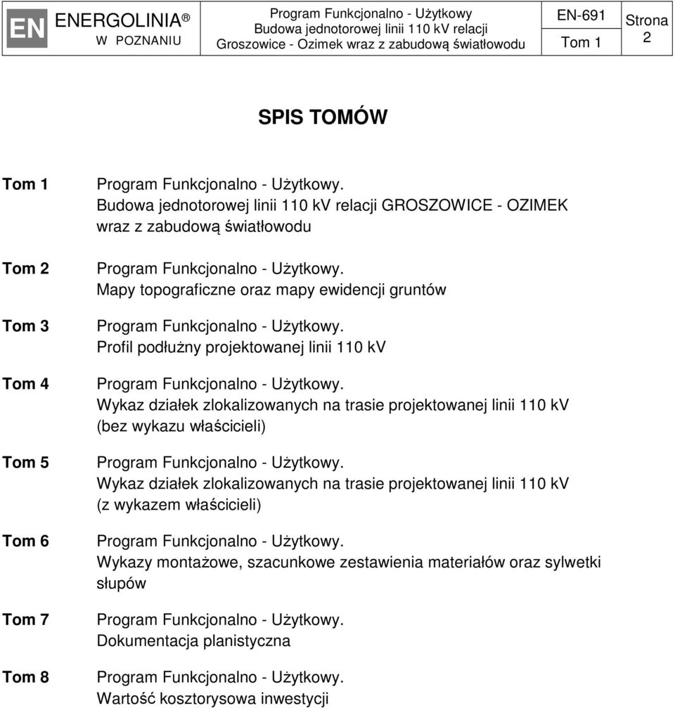 Wykaz działek zlokalizowanych na trasie projektowanej linii 110 kv (bez wykazu właścicieli).