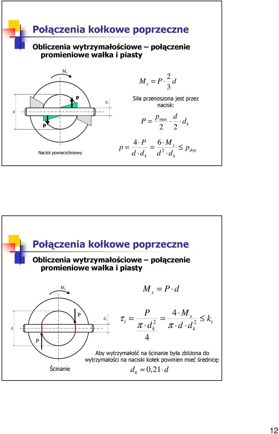 Obliczenia wytrzymałościowe połączenie promieniowe wałka i piaty τ 4 t π k π k 4 k t Ścinanie Aby