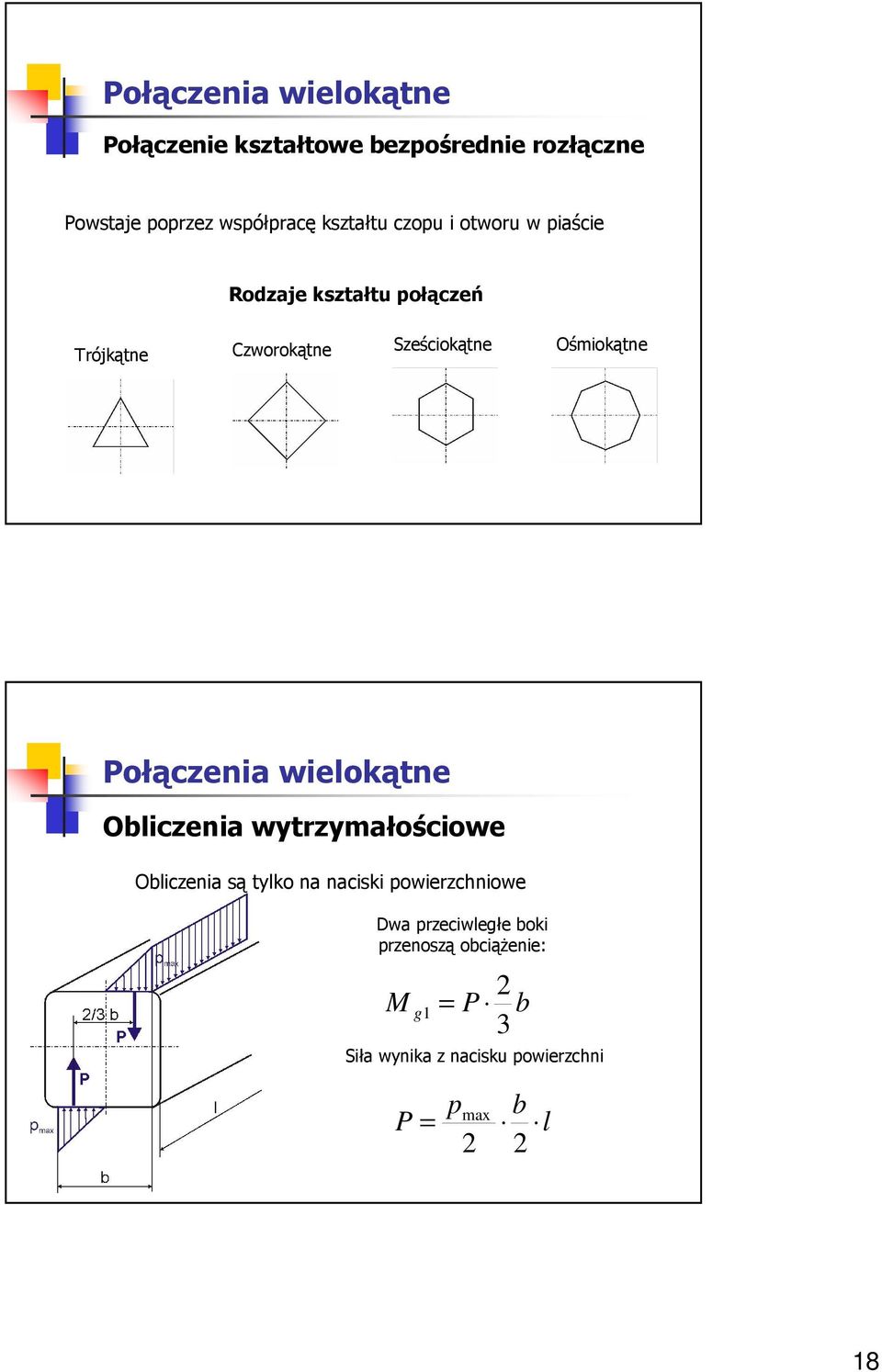 Ośmiokątne ołączenia wielokątne Obliczenia wytrzymałościowe Obliczenia ą tylko na naciki