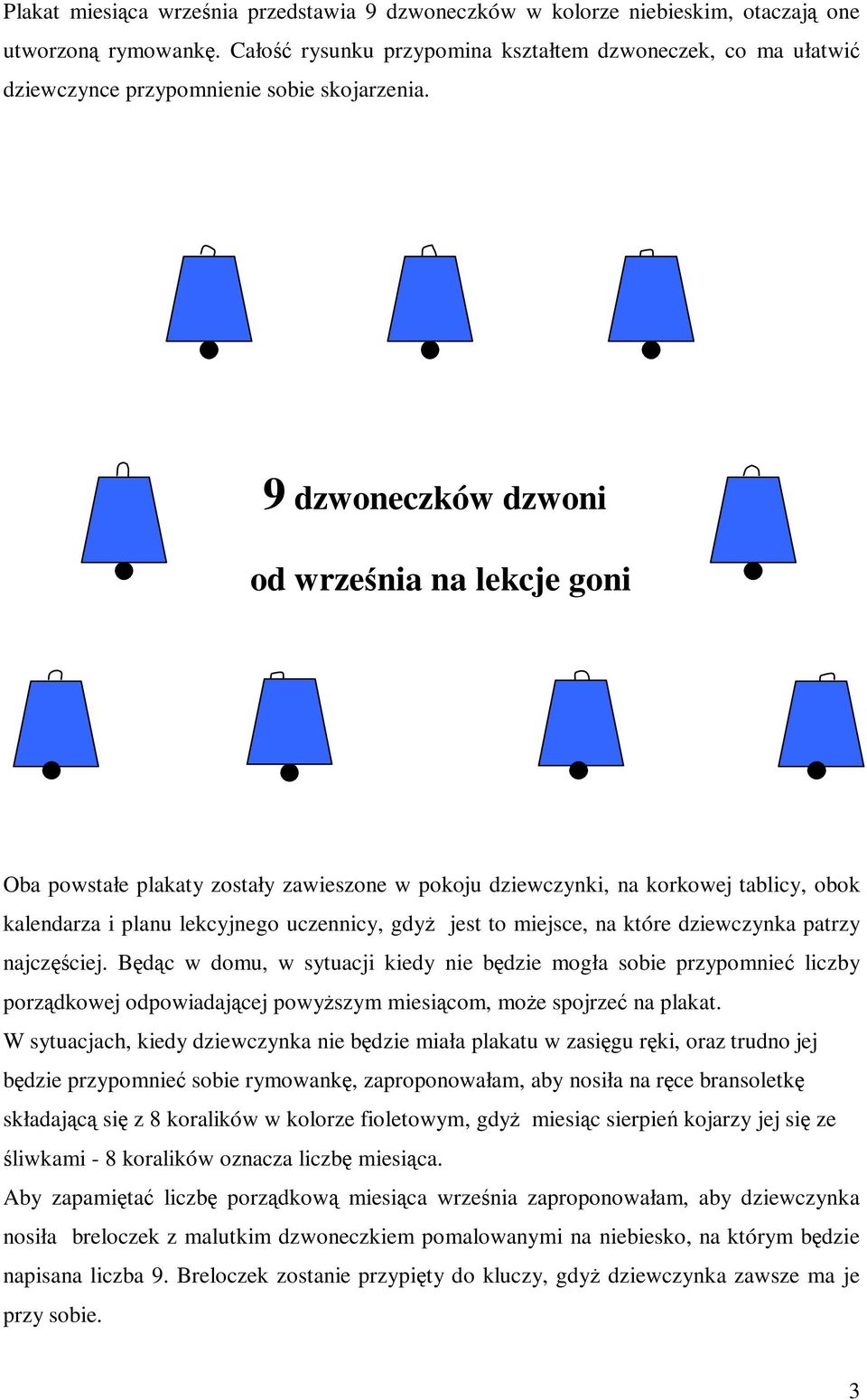 9 dzwoneczków dzwoni od września na lekcje goni Oba powstałe plakaty zostały zawieszone w pokoju dziewczynki, na korkowej tablicy, obok kalendarza i planu lekcyjnego uczennicy, gdyż jest to miejsce,