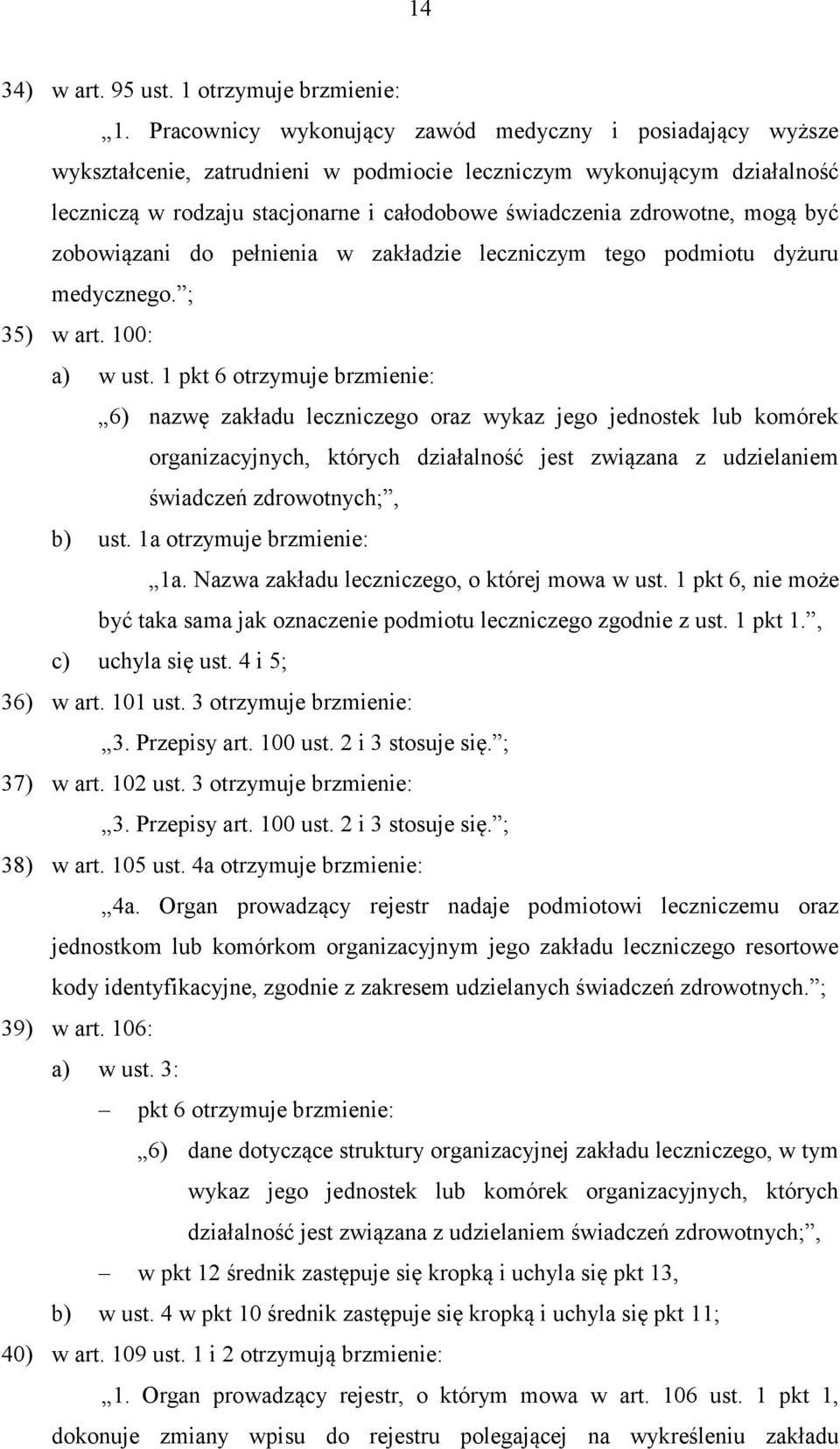 mogą być zobowiązani do pełnienia w zakładzie leczniczym tego podmiotu dyżuru medycznego. ; 35) w art. 100: a) w ust.