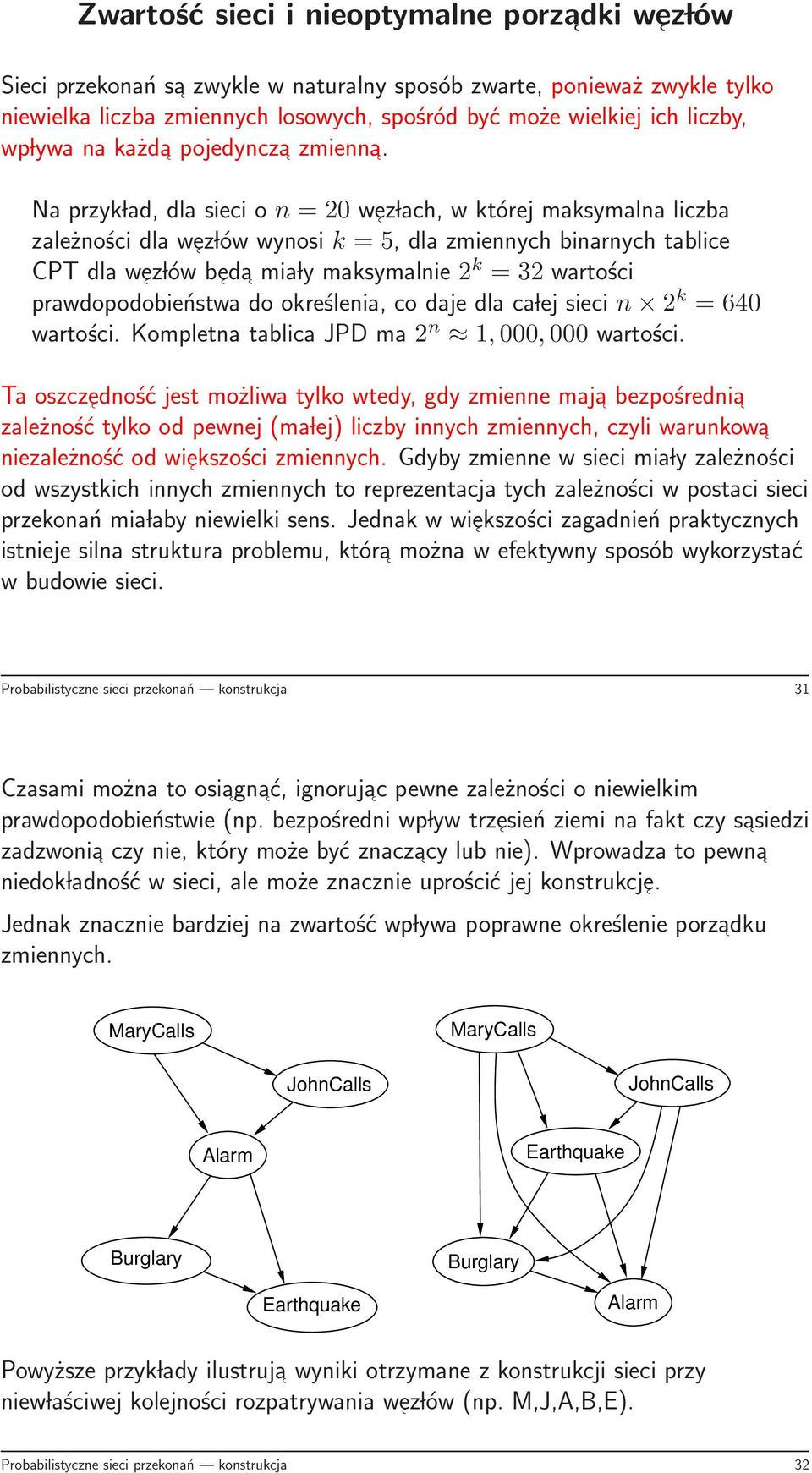 Na przyk lad, dla sieci o n = 20 wez lach, w której maksymalna liczba zależności dla wez lów wynosi k = 5, dla zmiennych binarnych tablice CPT dla wez lów bed a mia ly maksymalnie 2 k = 32 wartości