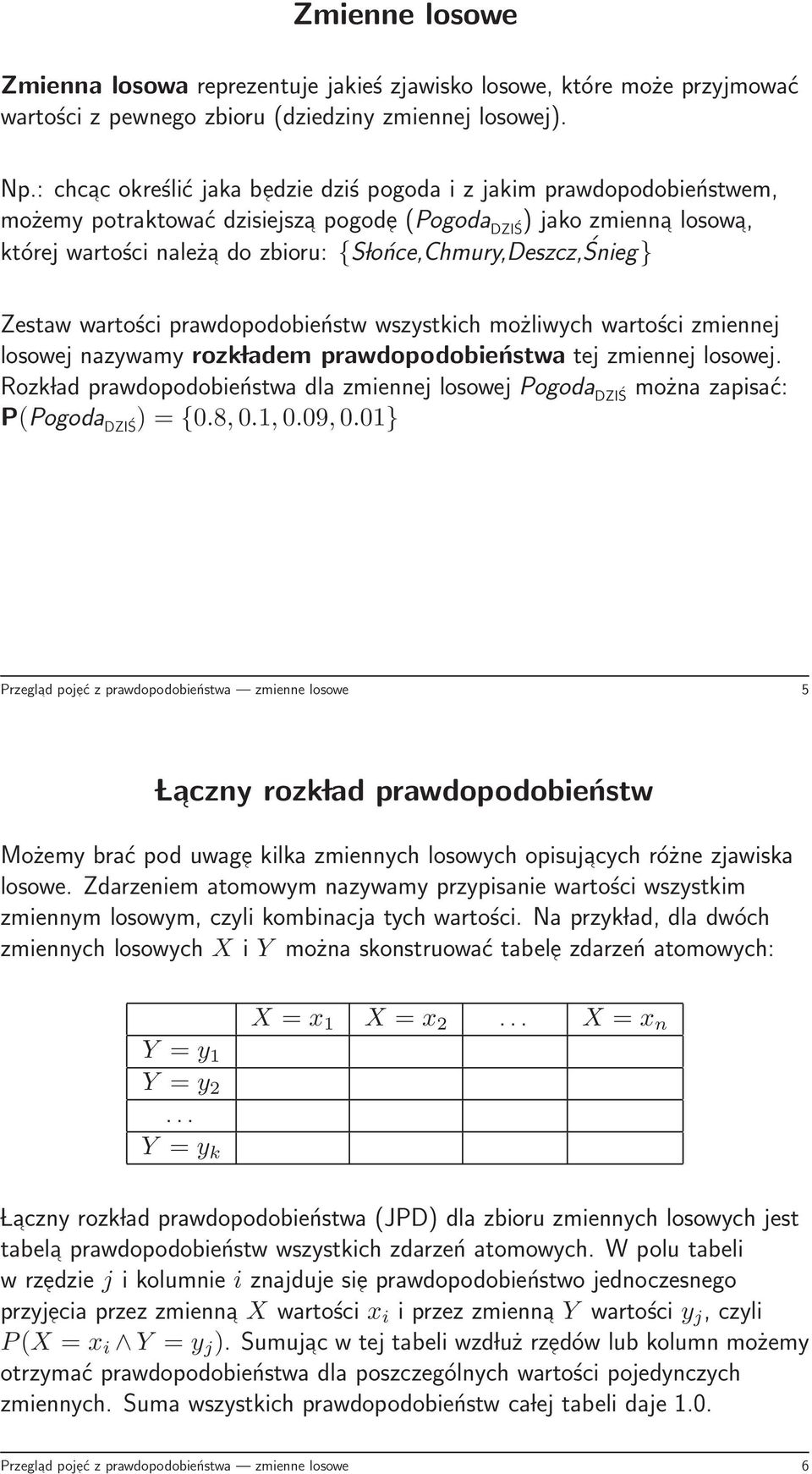 lońce,chmury,deszcz,śnieg} Zestaw wartości prawdopodobieństw wszystkich możliwych wartości zmiennej losowej nazywamy rozk ladem prawdopodobieństwa tej zmiennej losowej.