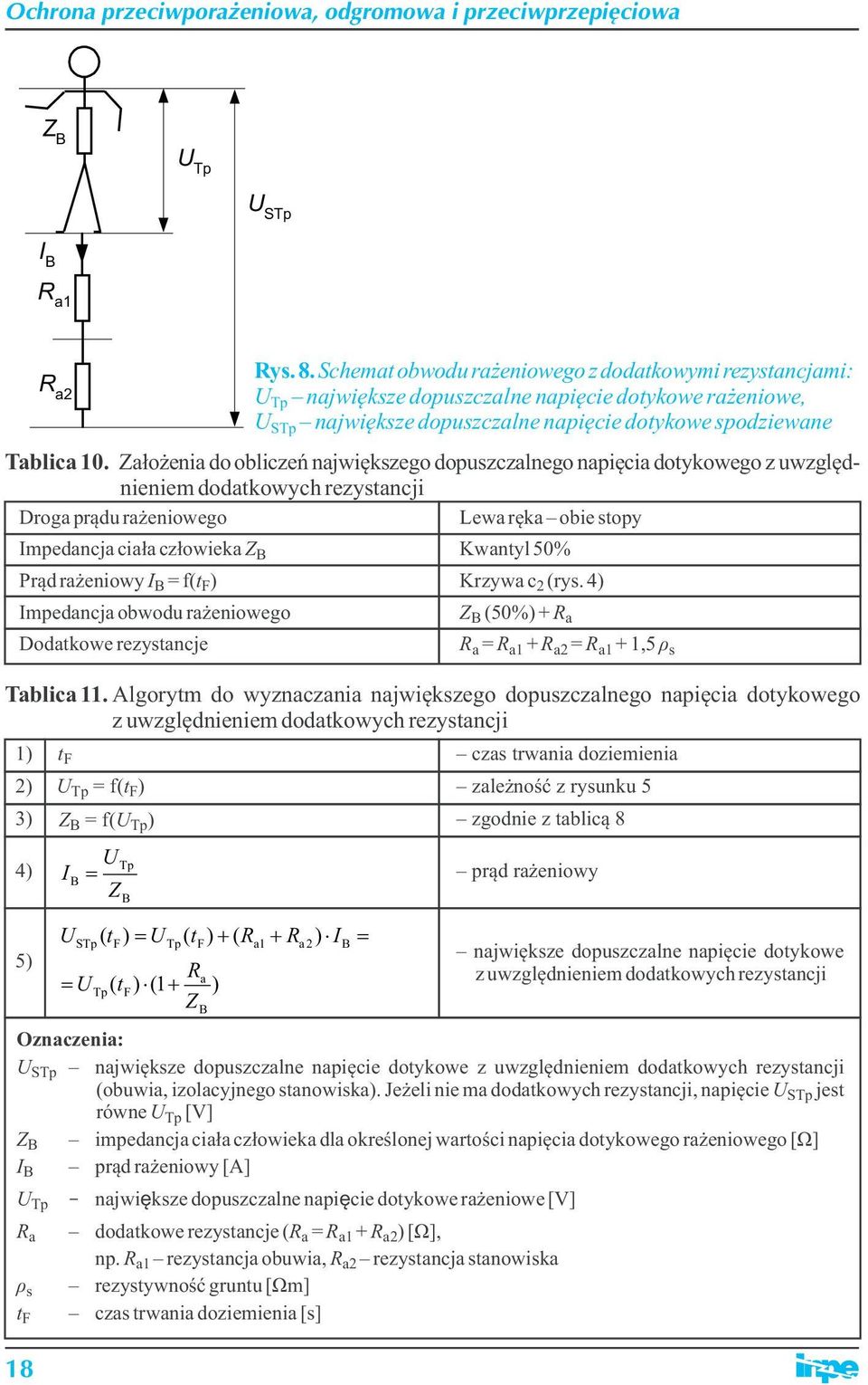 Schemat obwodu rażeniowego z dodatkowymi rezystancjami: U Tp największe dopuszczalne napięcie dotykowe rażeniowe, U STp największe dopuszczalne napięcie dotykowe spodziewane Impedancja ciała