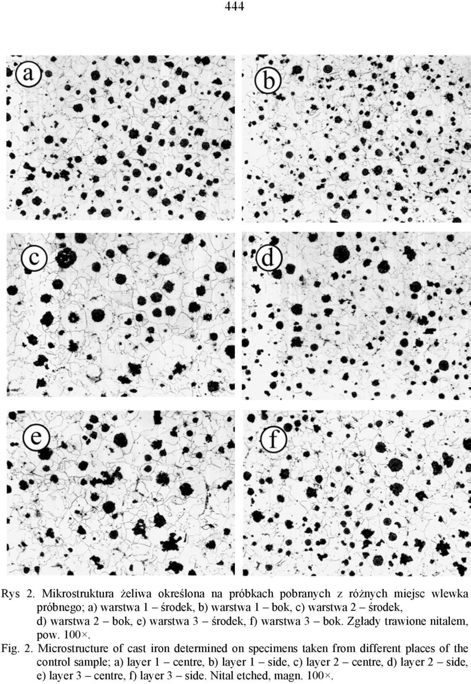 bok, c) warstwa 2 środek, d) warstwa 2 bok, e) warstwa 3 środek, f) warstwa 3 bok. Zgłady trawione nitalem, pow. 100. Fig.