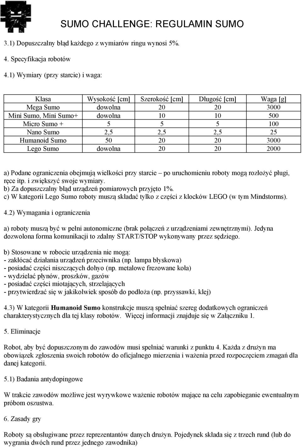 2,5 2,5 25 Humanoid Sumo 50 20 20 3000 Lego Sumo dowolna 20 20 2000 a) Podane ograniczenia obejmują wielkości przy starcie po uruchomieniu roboty mogą rozłożyć pługi, ręce itp.