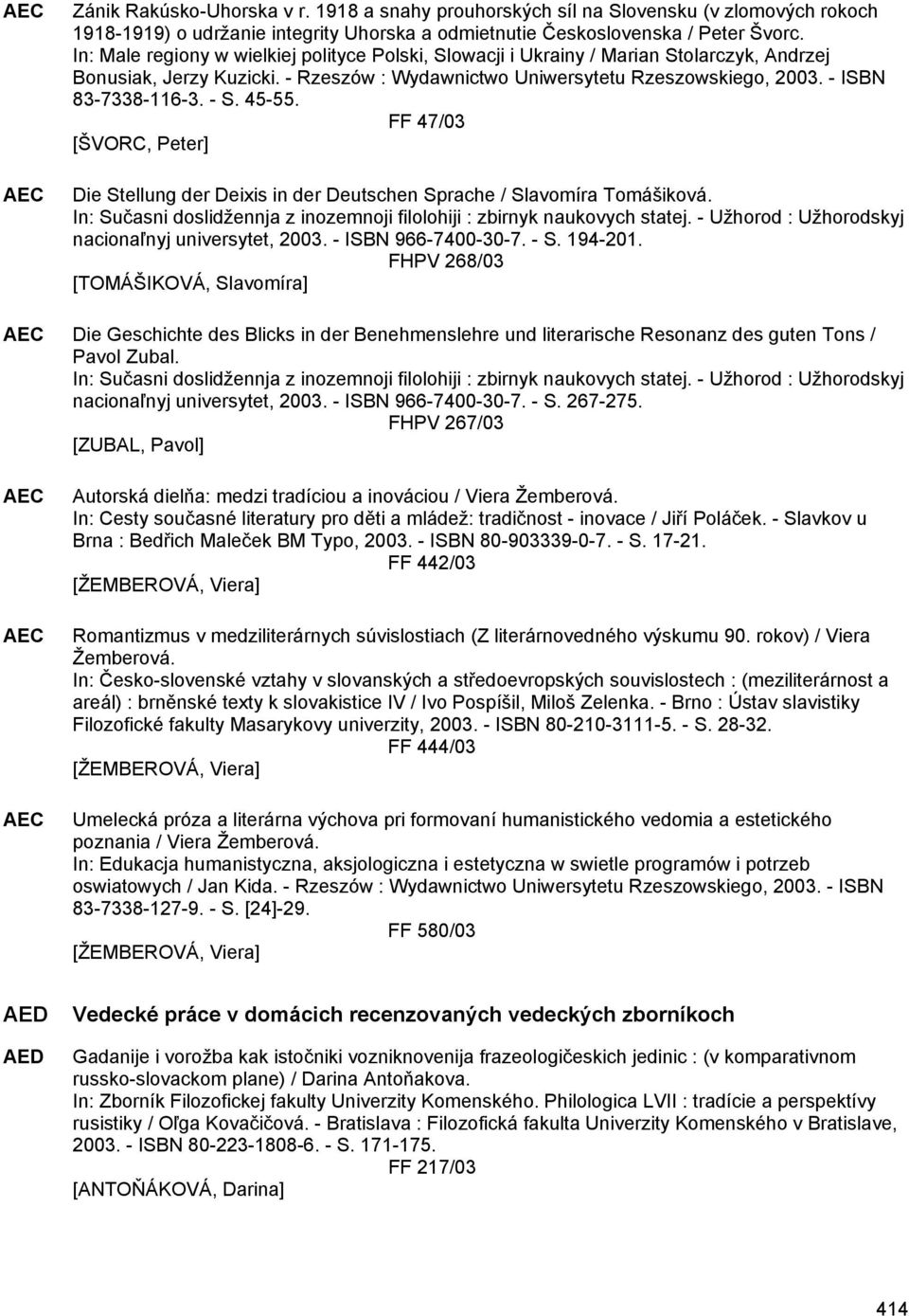 - S. 45-55. FF 47/03 [ŠVORC, Peter] Die Stellung der Deixis in der Deutschen Sprache / Slavomíra Tomášiková. In: Sučasni doslidžennja z inozemnoji filolohiji : zbirnyk naukovych statej.