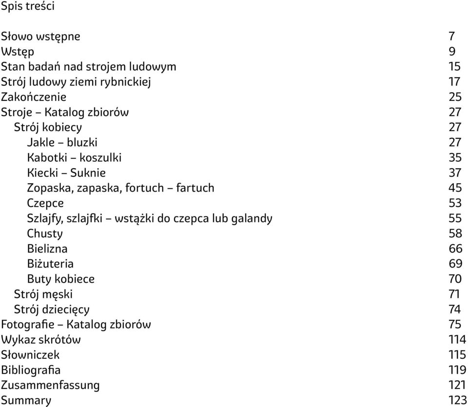 Czepce 53 Szlajfy, szlajfki wstążki do czepca lub galandy 55 Chusty 58 Bielizna 66 Biżuteria 69 Buty kobiece 70 Strój męski 71