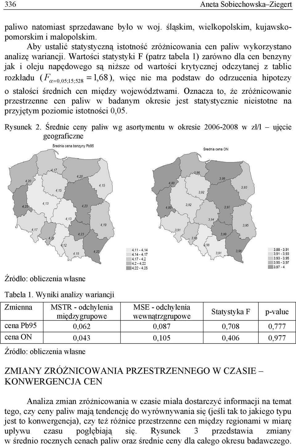 Wartości statystyki F (patrz tabela 1) zarówno dla cen benzyny jak i oleju napędowego są niższe od wartości krytycznej odczytanej z tablic rozkładu ( F α =0,05;15;528 = 1, 68 ), więc nie ma podstaw