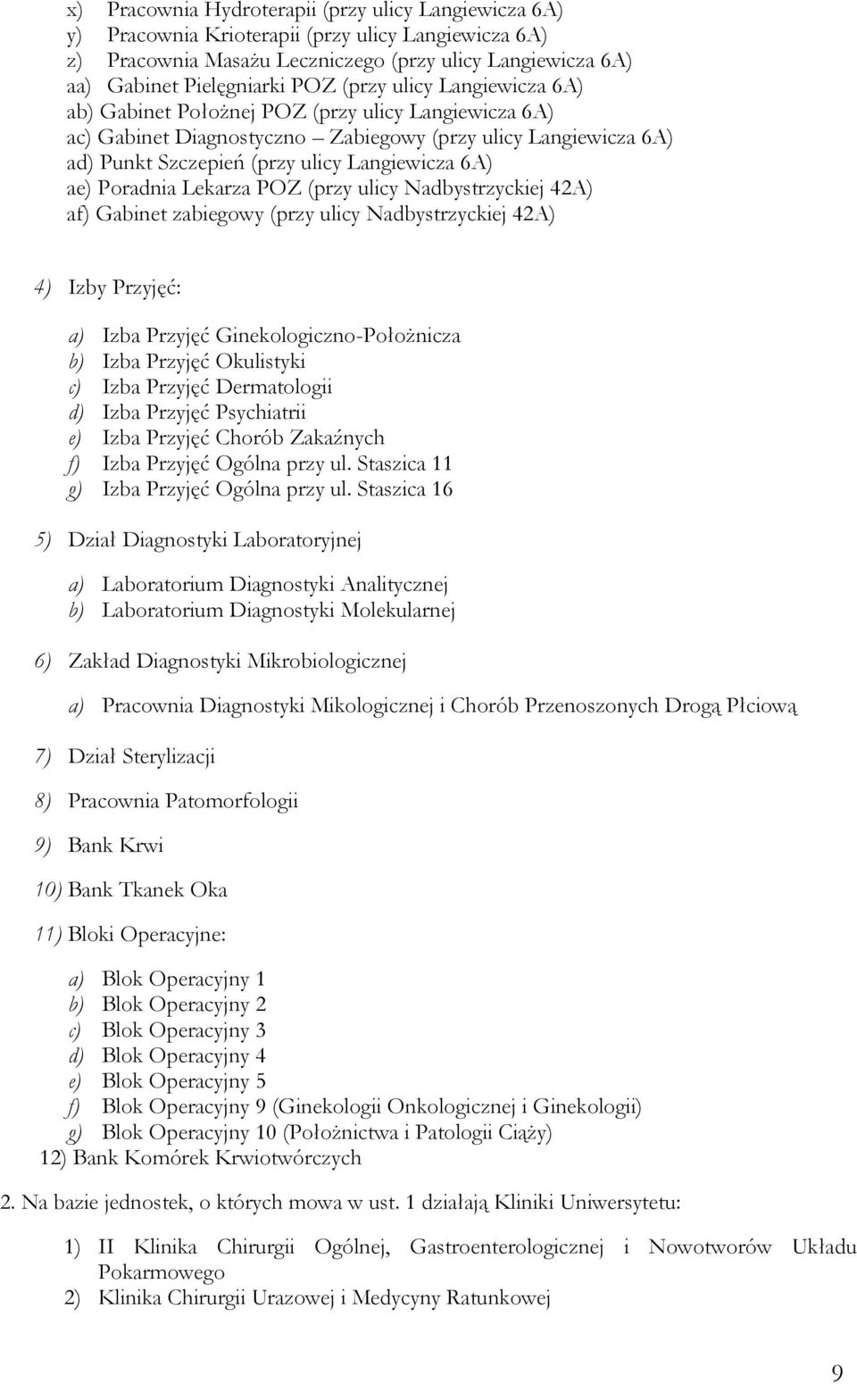 Poradnia Lekarza POZ (przy ulicy Nadbystrzyckiej 42A) af) Gabinet zabiegowy (przy ulicy Nadbystrzyckiej 42A) 4) Izby Przyjęć: a) Izba Przyjęć Ginekologiczno-Położnicza b) Izba Przyjęć Okulistyki c)