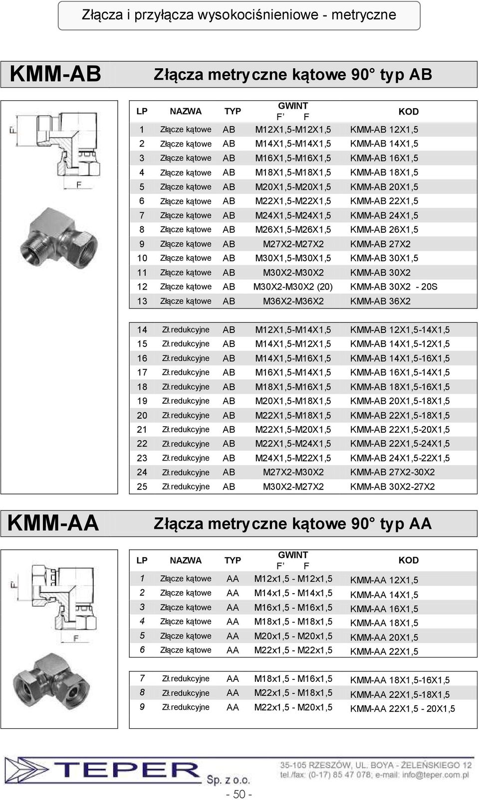 Złącze kątowe AB M24X1,5-M24X1,5 KMM-AB 24X1,5 8 Złącze kątowe AB M26X1,5-M26X1,5 KMM-AB 26X1,5 9 Złącze kątowe AB M27X2-M27X2 KMM-AB 27X2 10 Złącze kątowe AB M30X1,5-M30X1,5 KMM-AB 30X1,5 11 Złącze