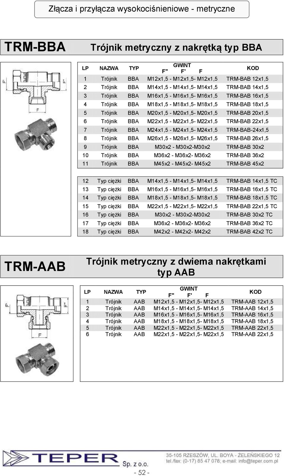 Trójnik BBA M22x1,5 - M22x1,5- M22x1,5 TRM-BAB 22x1,5 7 Trójnik BBA M24x1,5 - M24x1,5- M24x1,5 TRM-BAB-24x1,5 8 Trójnik BBA M26x1,5 - M26x1,5- M26x1,5 TRM-BAB 26x1,5 9 Trójnik BBA M30x2 - M30x2-M30x2