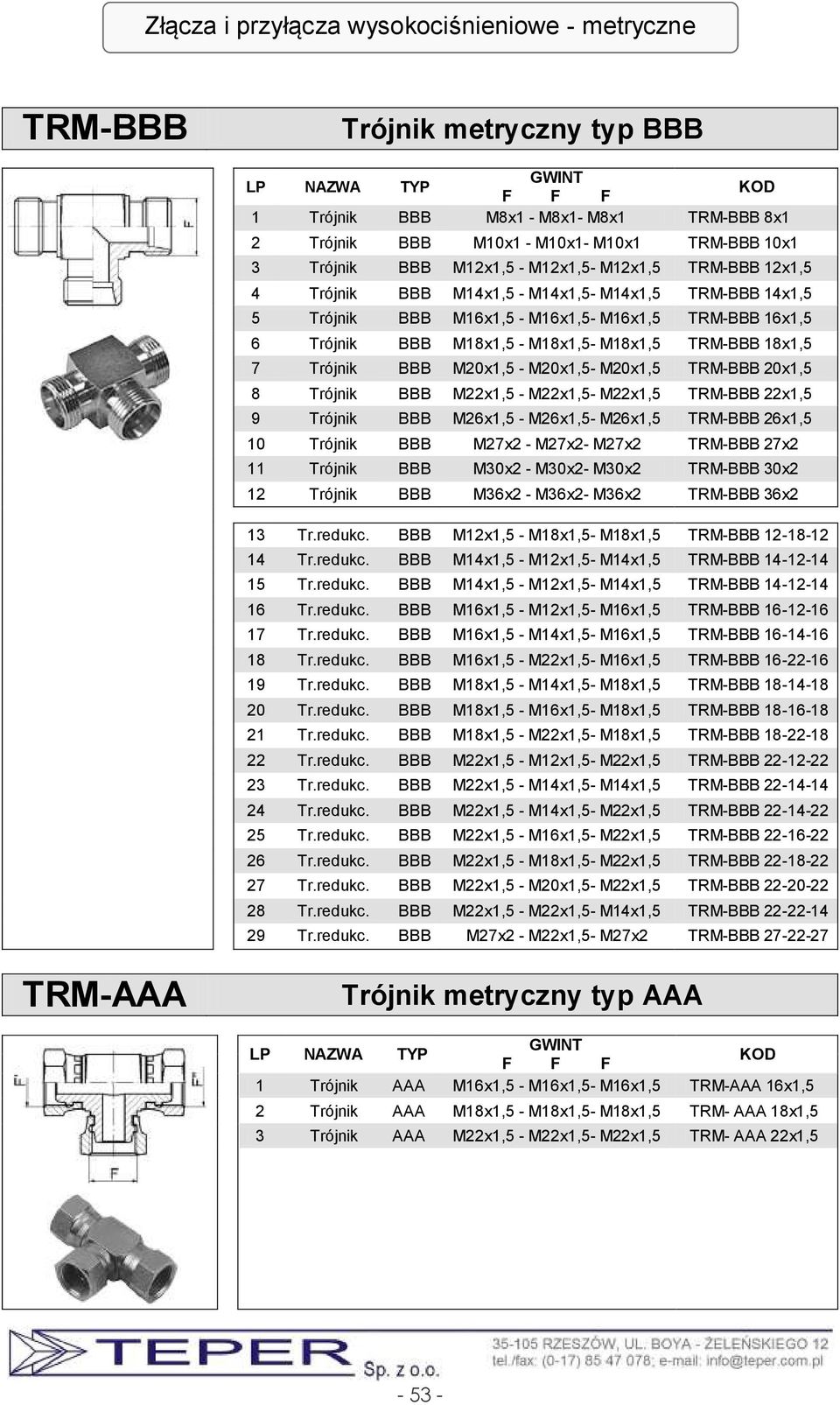 TRM-BBB 18x1,5 7 Trójnik BBB M20x1,5 - M20x1,5- M20x1,5 TRM-BBB 20x1,5 8 Trójnik BBB M22x1,5 - M22x1,5- M22x1,5 TRM-BBB 22x1,5 9 Trójnik BBB M26x1,5 - M26x1,5- M26x1,5 TRM-BBB 26x1,5 10 Trójnik BBB