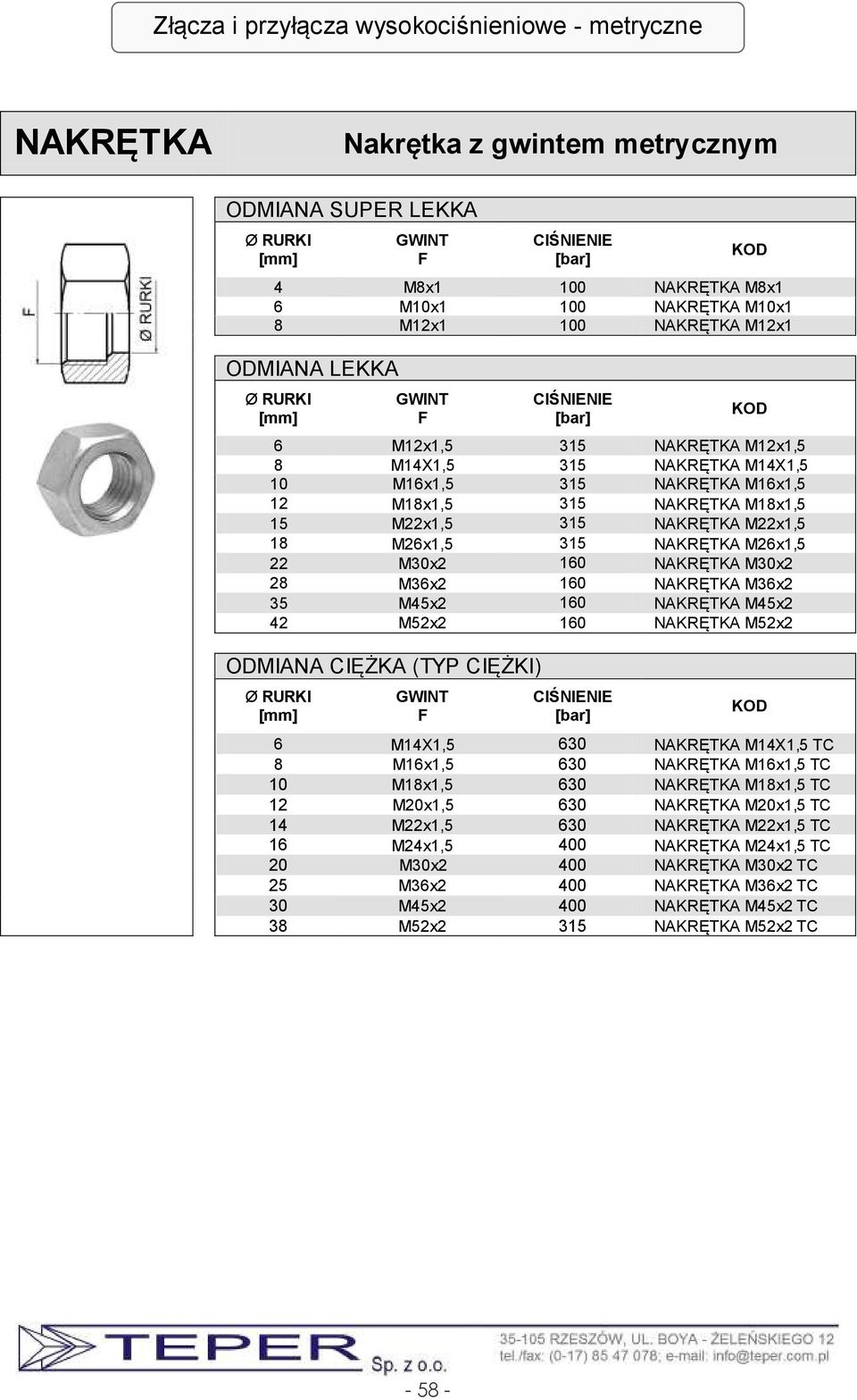 M22x1,5 315 NAKRĘTKA M22x1,5 18 M26x1,5 315 NAKRĘTKA M26x1,5 22 M30x2 160 NAKRĘTKA M30x2 28 M36x2 160 NAKRĘTKA M36x2 35 M45x2 160 NAKRĘTKA M45x2 42 M52x2 160 NAKRĘTKA M52x2 ODMIANA CIĘŻKA (TYP